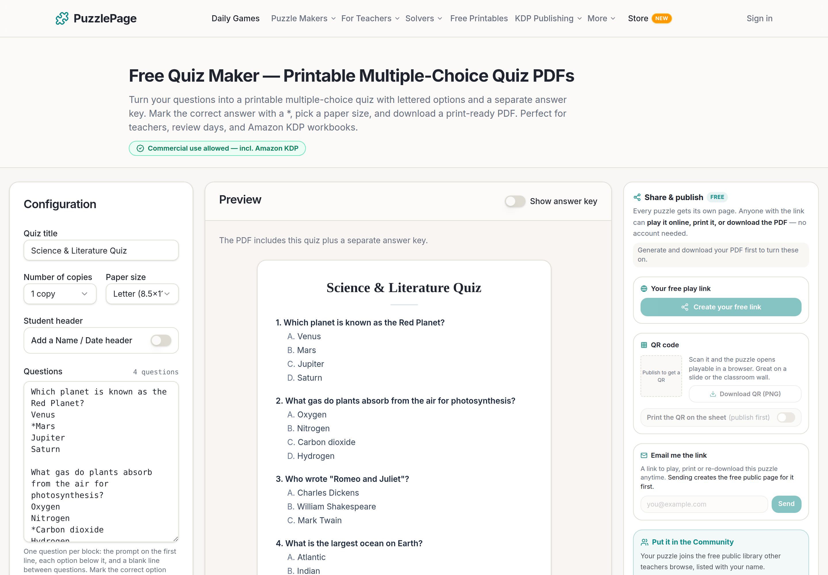 PuzzlePage free quiz maker with answer key showing typed questions and starred correct options