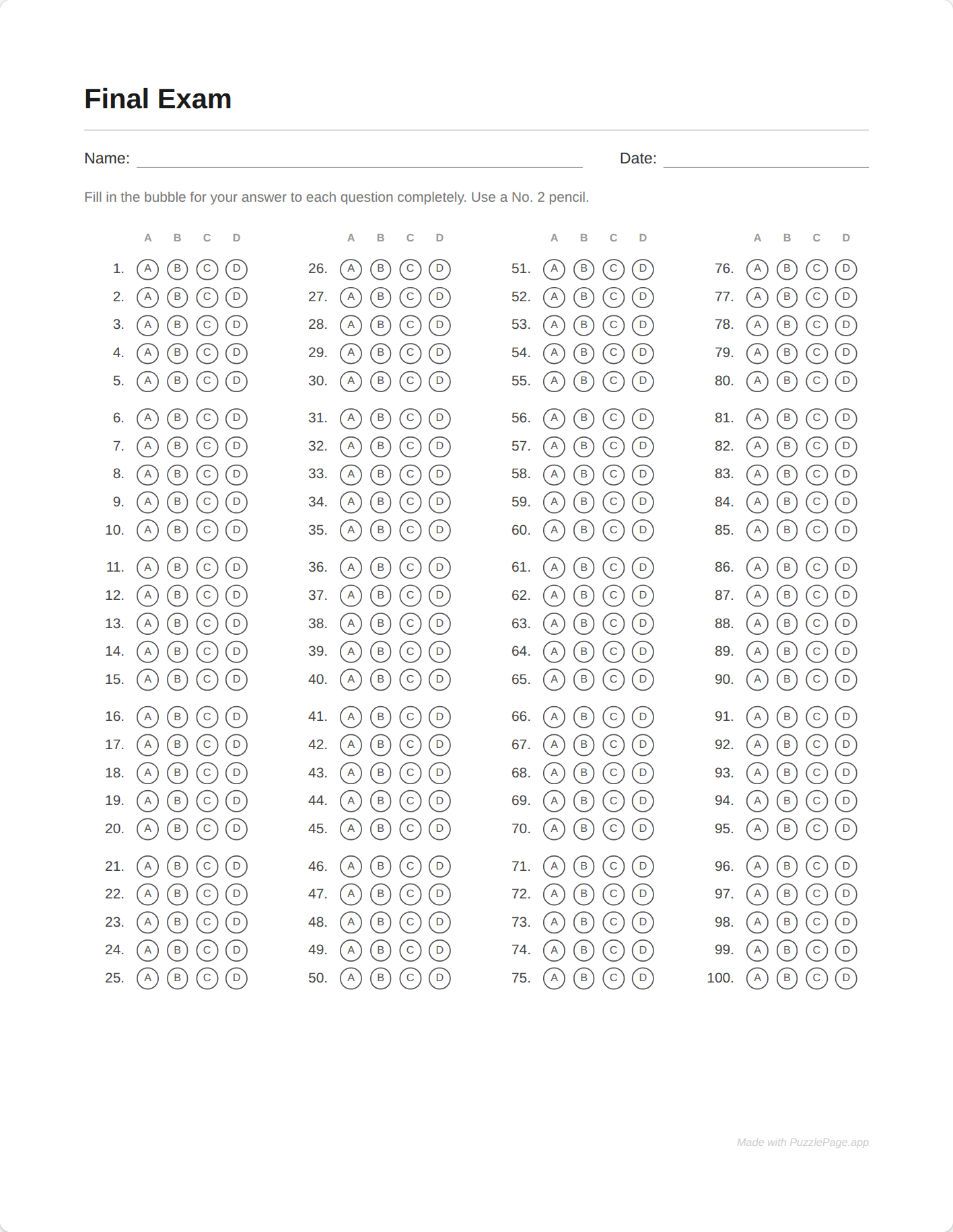 100 question answer sheet previewed on one page in five columns inside the PuzzlePage Answer Sheet Studio