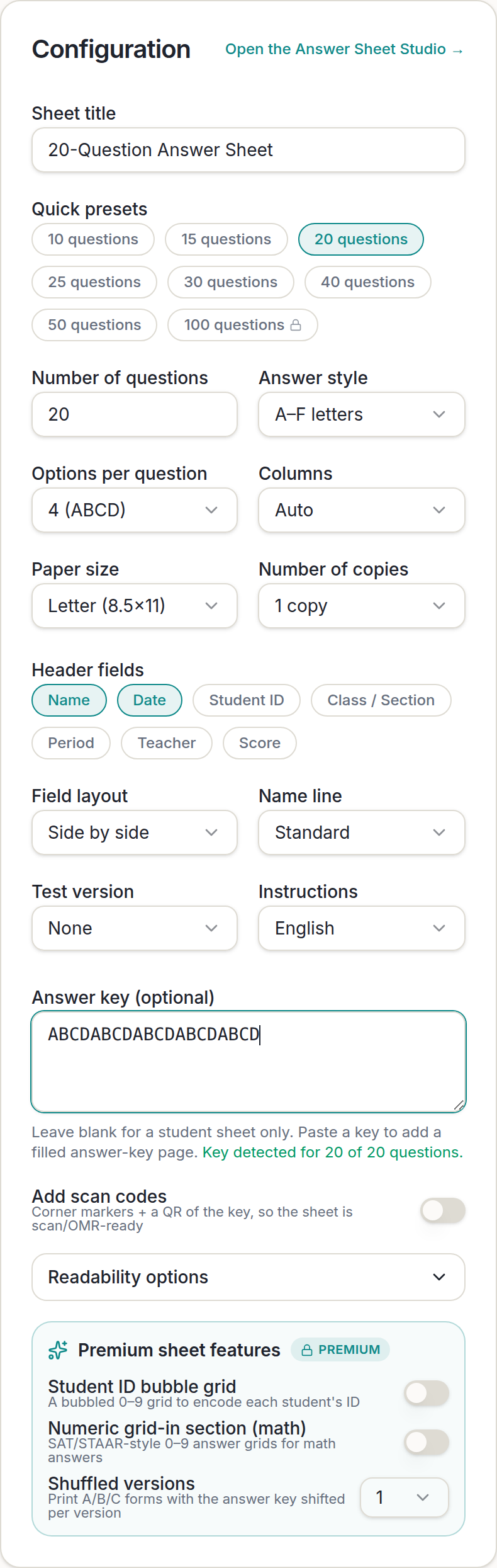 Answer Sheet Studio key page paired with the free quiz maker with answer key