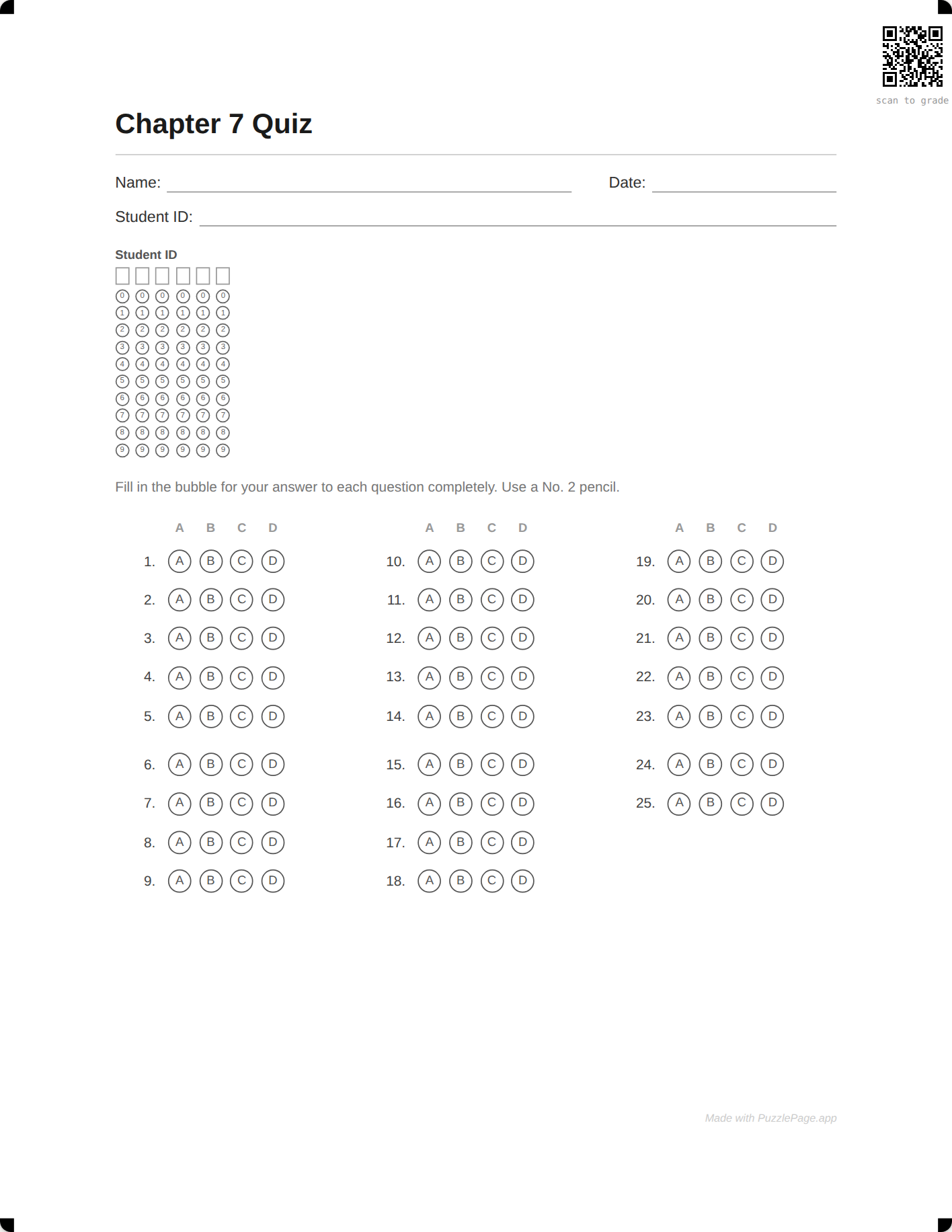 Student ID bubble sheet preview in the PuzzlePage Answer Sheet Studio with the digit grid under the header