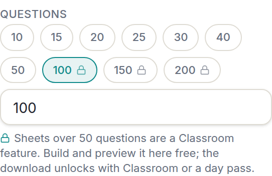 Question count chips in the PuzzlePage Answer Sheet Studio, locked above 50 for a 100 question answer sheet