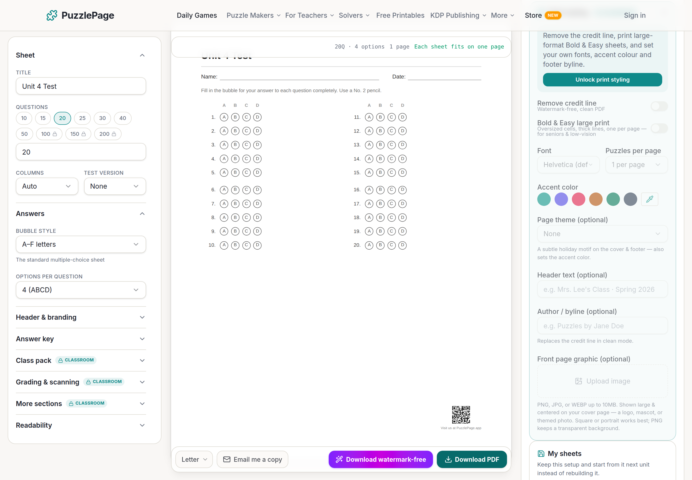 Printable bubble sheet template being built in the PuzzlePage Answer Sheet Studio with header fields and options