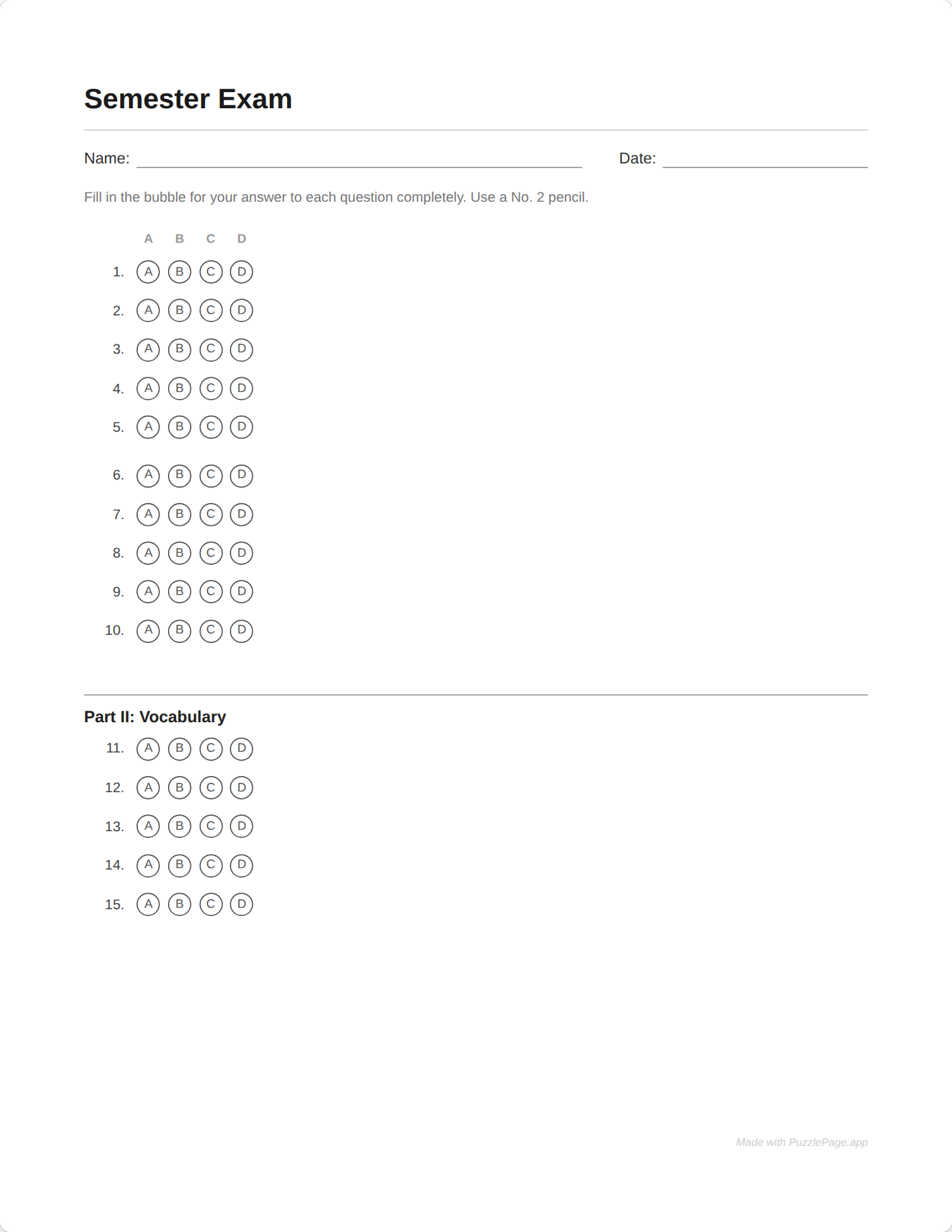 Preview of an answer sheet with multiple sections in the PuzzlePage Answer Sheet Studio with printed section headings