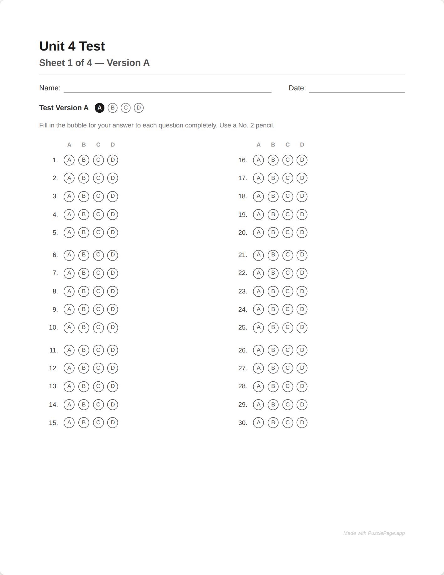Preview of multiple versions of a test with answer keys in the PuzzlePage Answer Sheet Studio