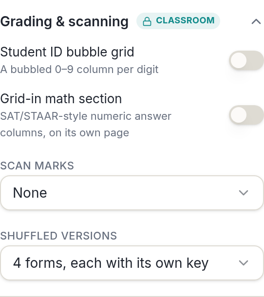 Shuffled versions setting in the PuzzlePage Answer Sheet Studio making multiple versions of a test with answer keys