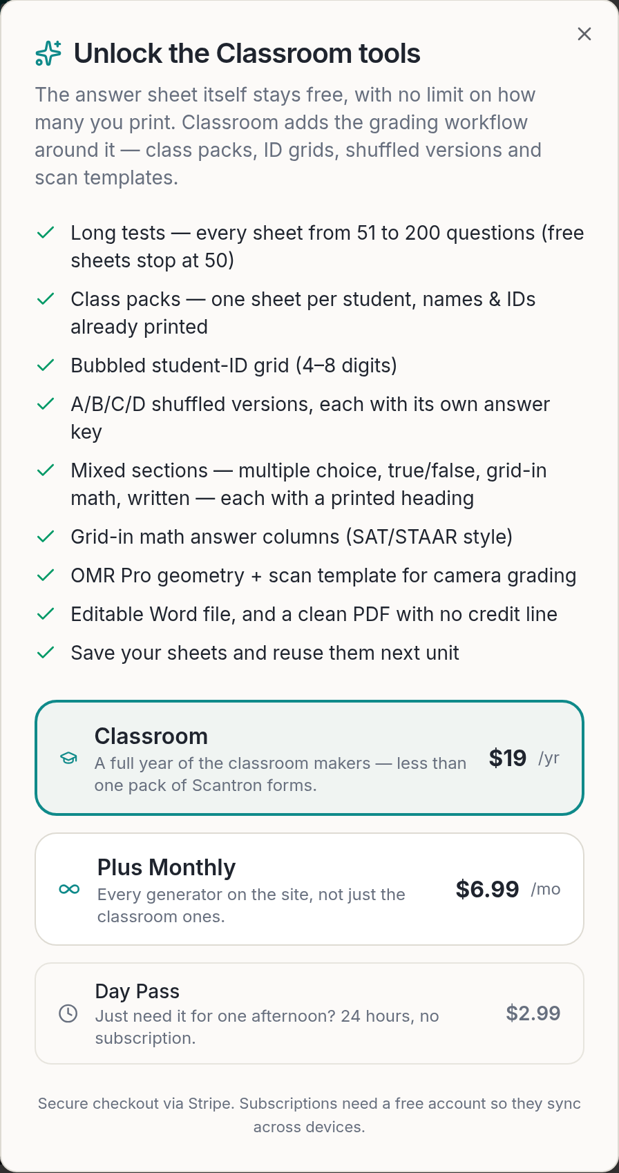 Classroom dialog in the PuzzlePage answer sheet generator offering the year or an answer sheet day pass