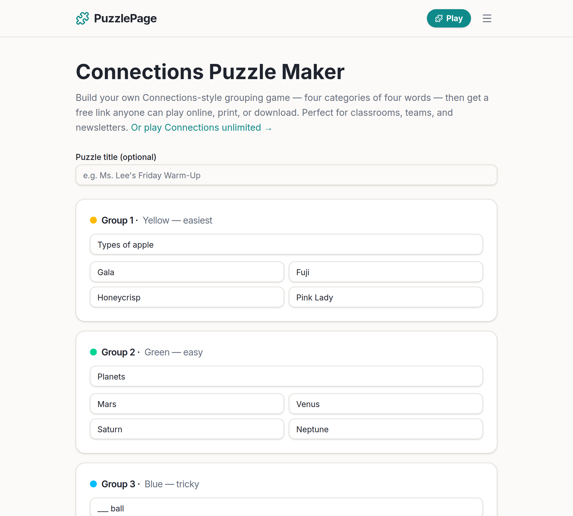 connections maker screen for building a custom four-groups-of-four word puzzle to share by link