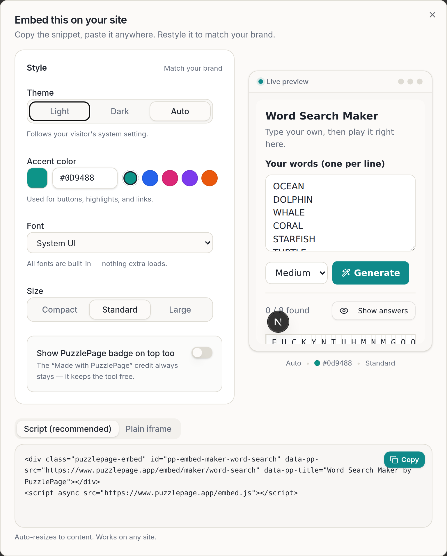 Embed puzzles on your website and match your brand with the PuzzlePage embed customizer dialog
