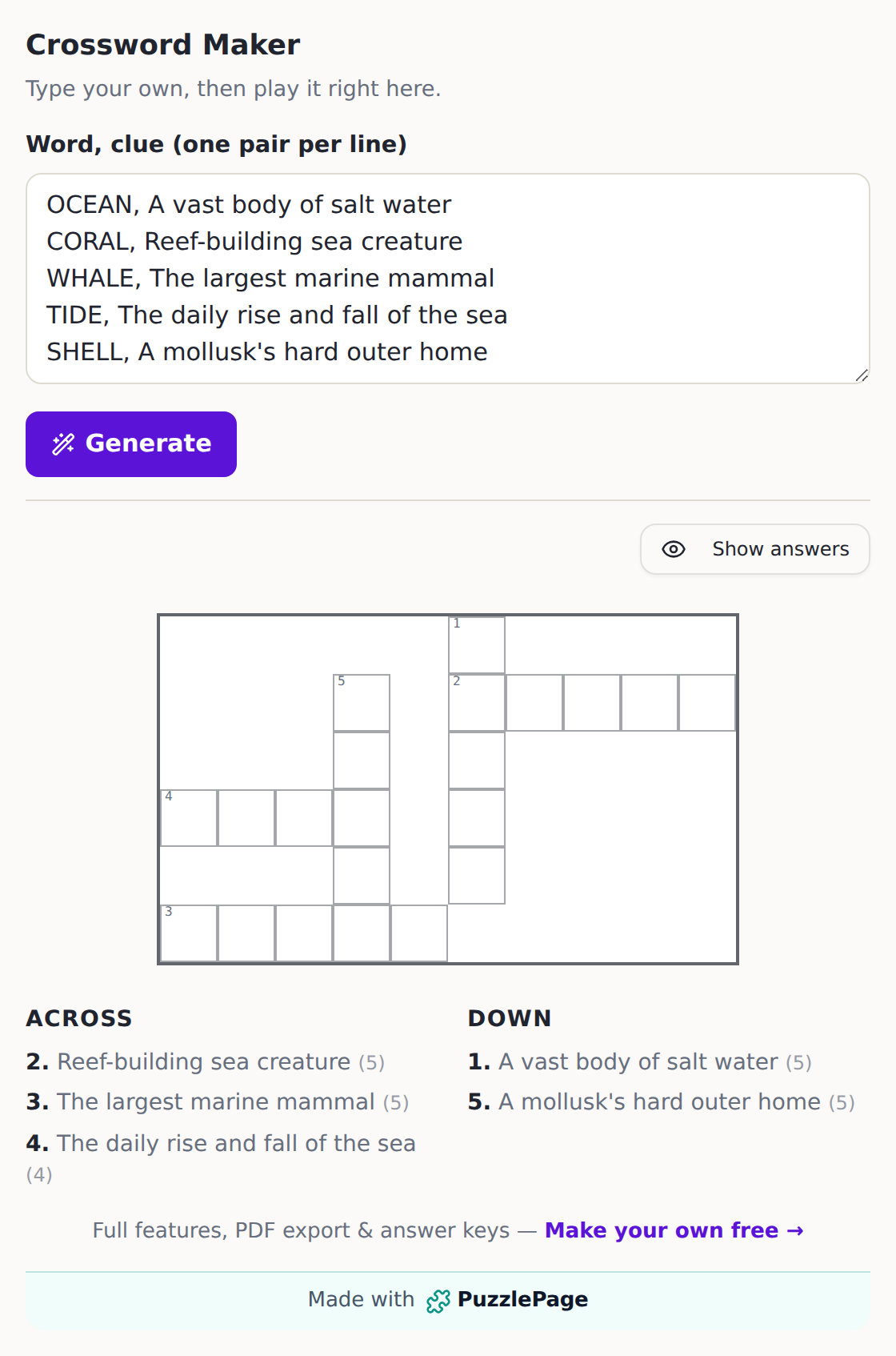 Embed crossword on website with a brand-matched purple accent using the PuzzlePage Crossword Maker widget
