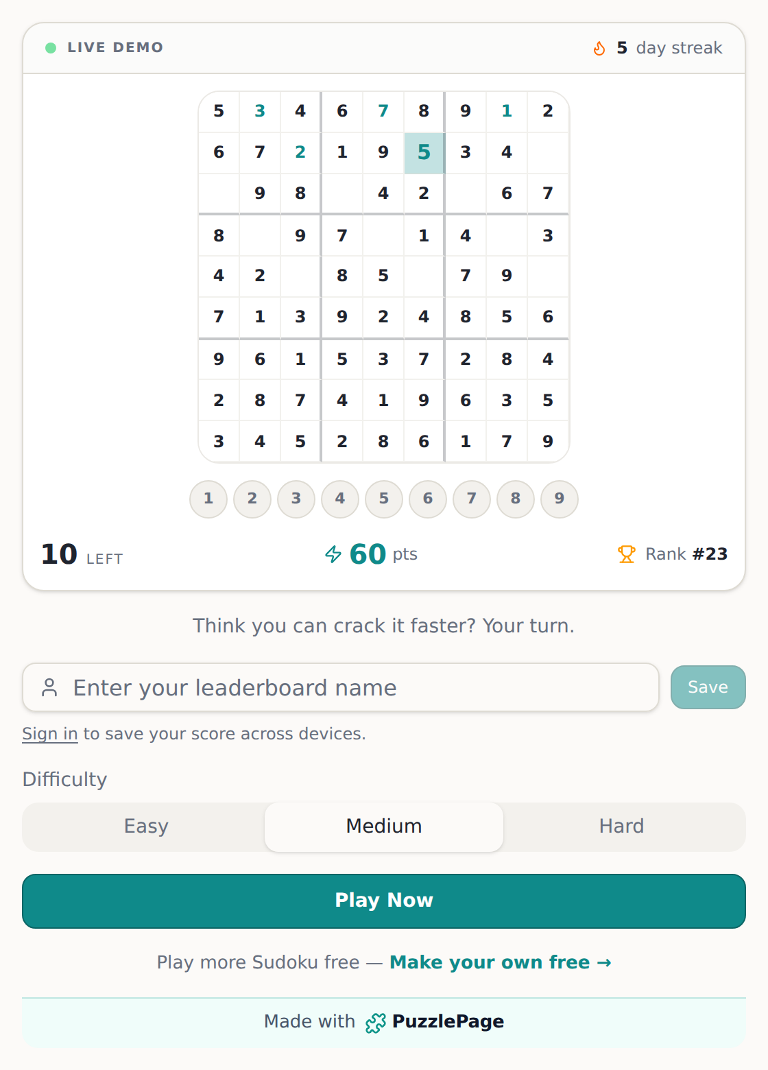 Embed sudoku on website with the live playable PuzzlePage Sudoku game widget