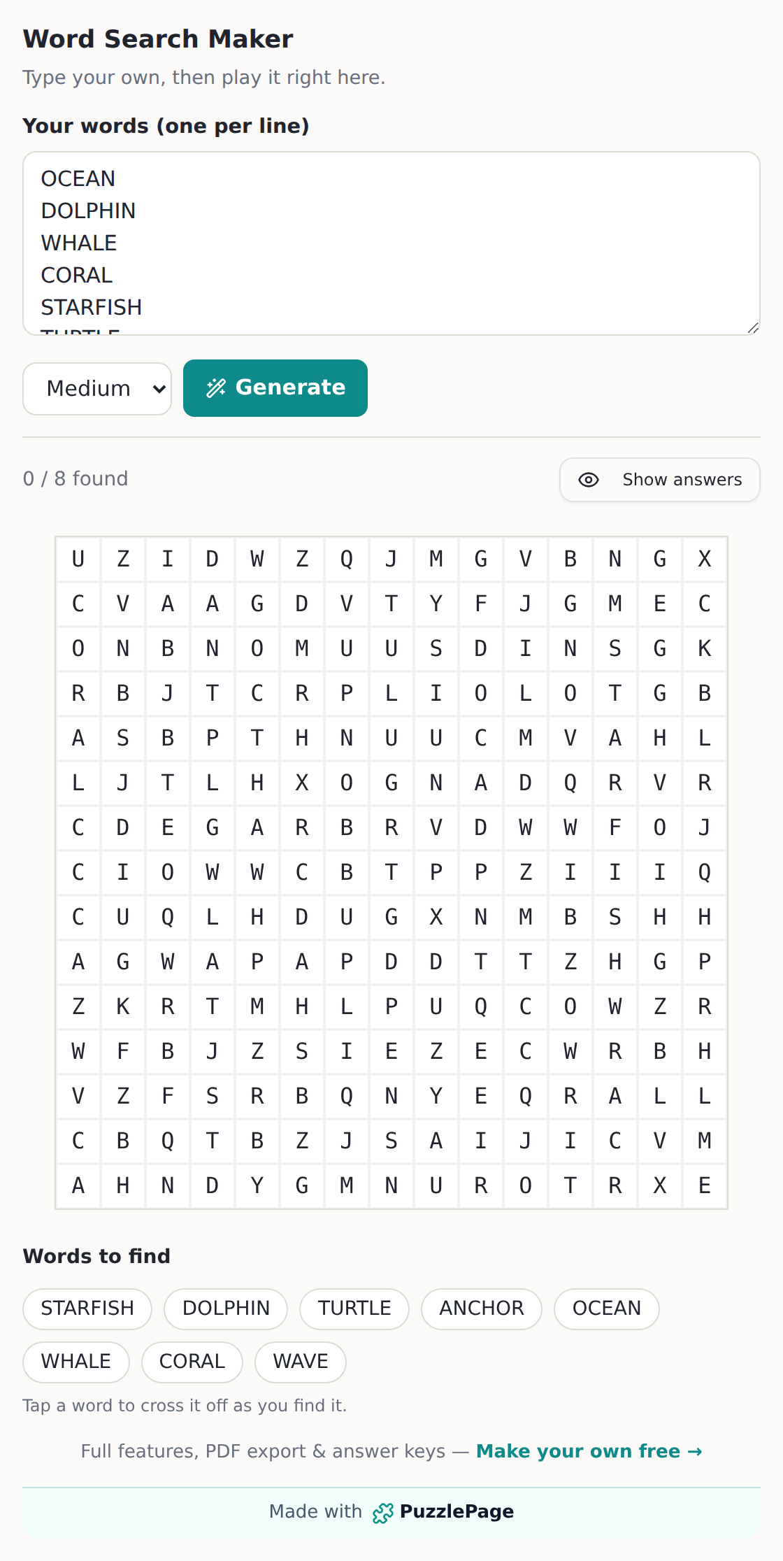 Embed a word search on your website with the live PuzzlePage Word Search Maker widget