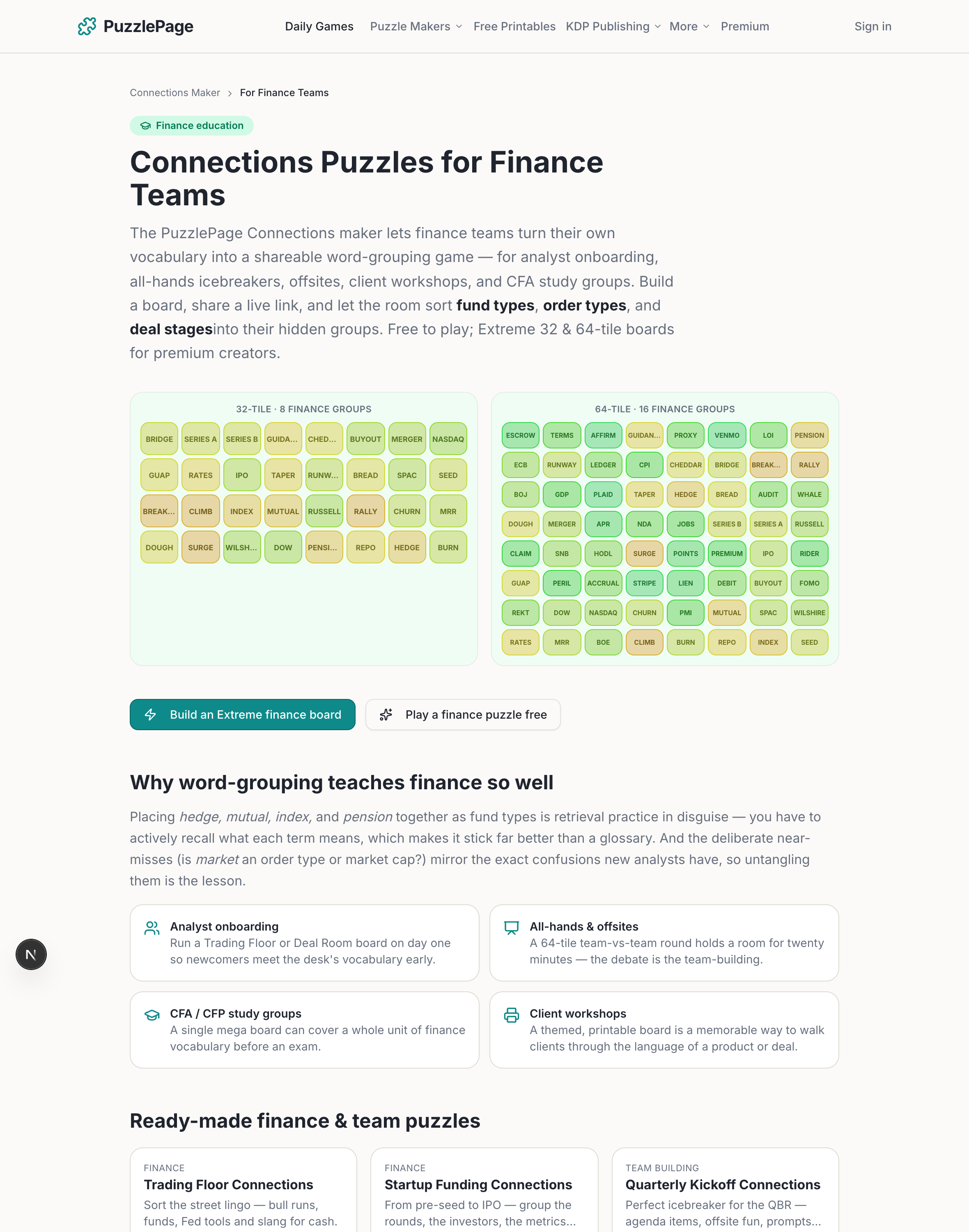 The finance-teams page with money-themed 32 and 64-tile boards, ready for a client workshop