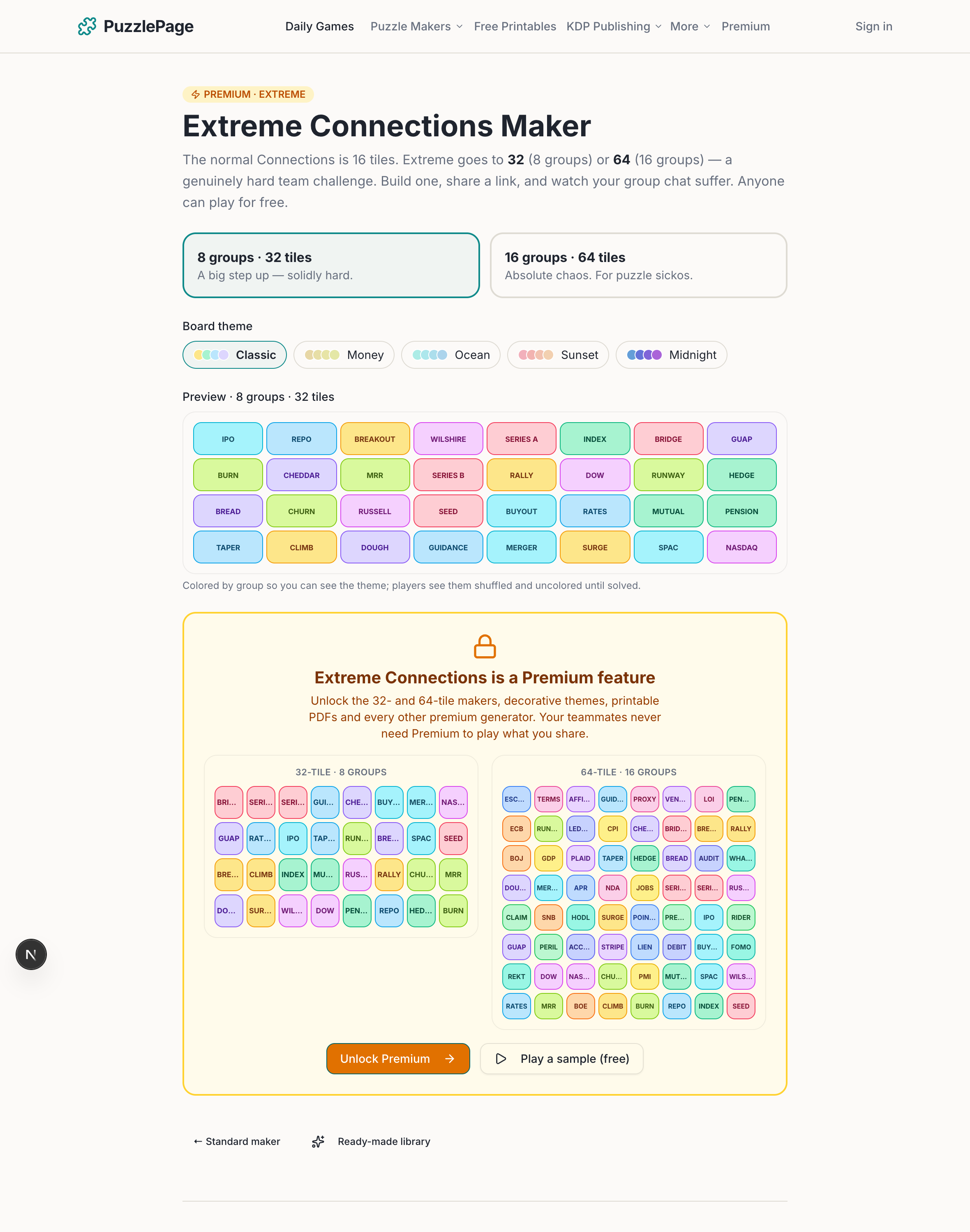 The Extreme Connections maker: naming groups and entering four terms each, with the live preview