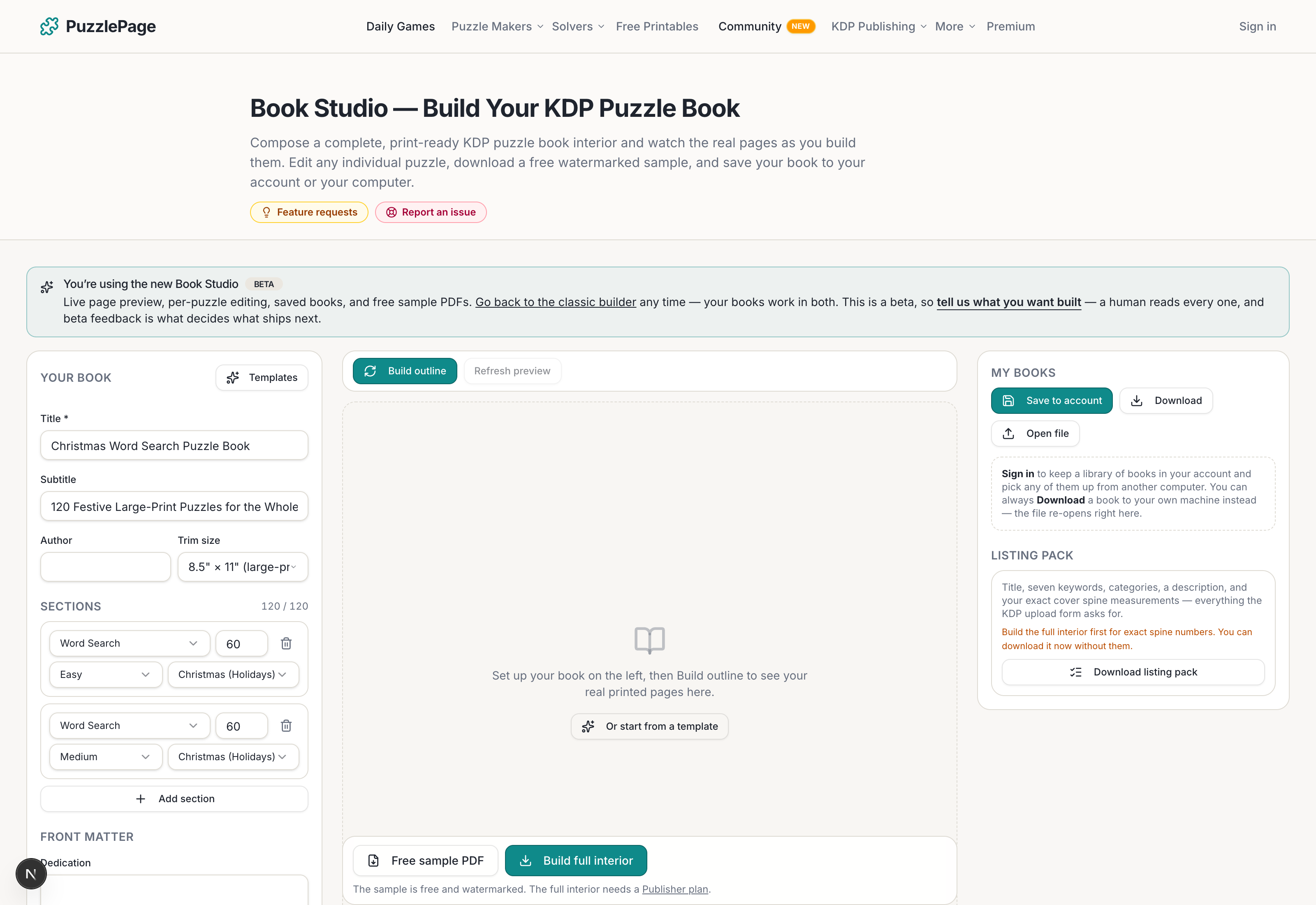profession themed puzzle book kdp setup in Book Studio with title, trim size, word search sections and a listing pack panel for keywords and spine measurements