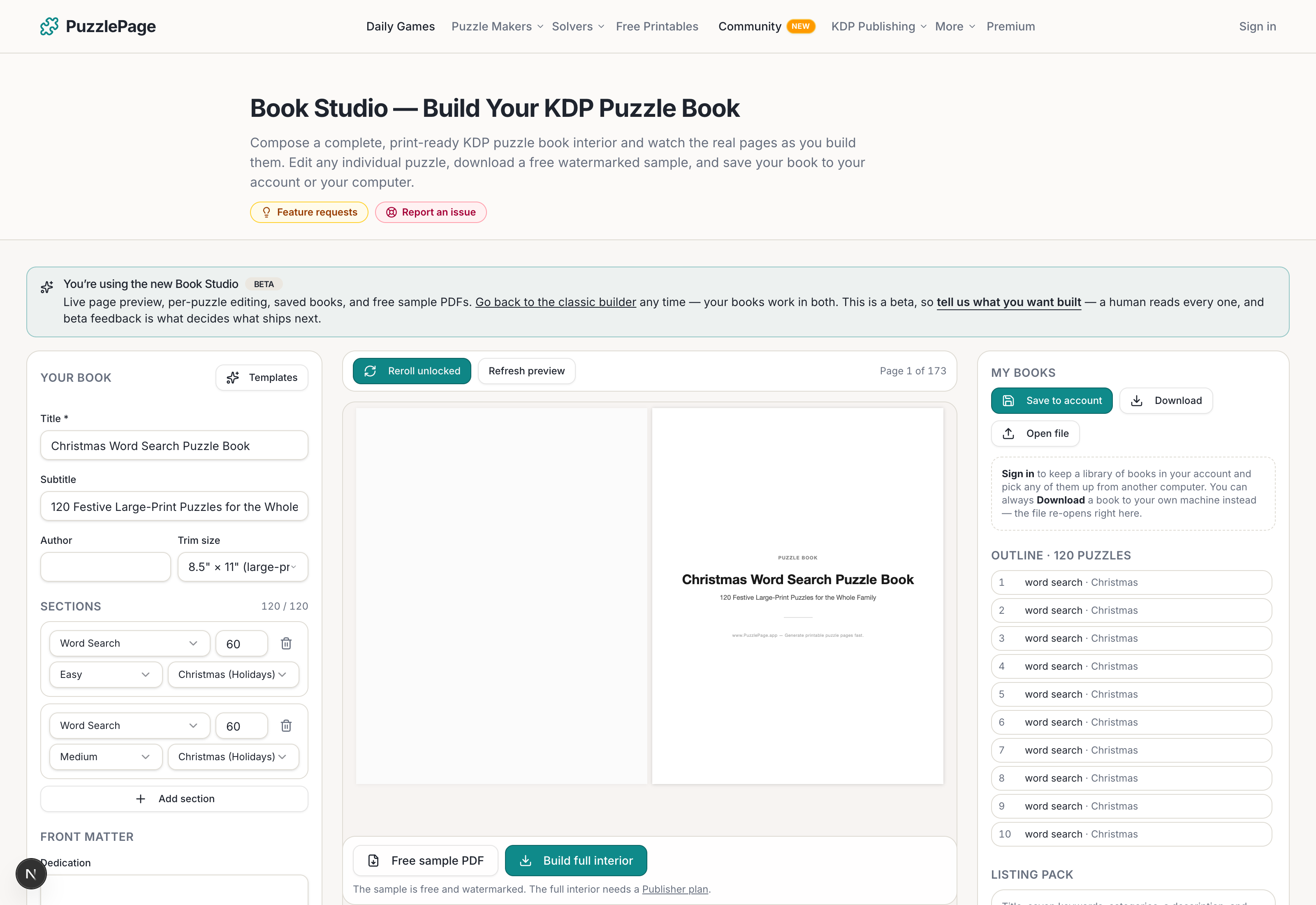 how to make a puzzle book in the three panel puzzlepage book studio with a 120 puzzle christmas outline