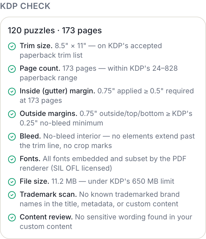 kdp interior file checks for trim size gutter margin bleed fonts and file size on a 173 page book