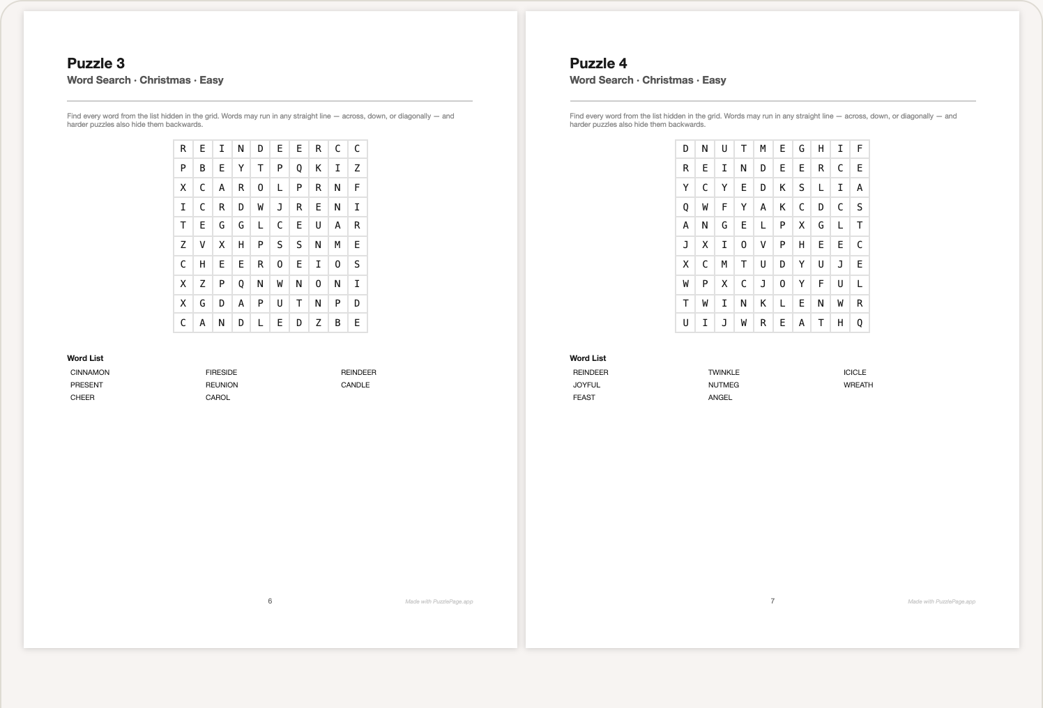 kdp interior file pages showing a compliant puzzle layout with margins page numbers and word lists