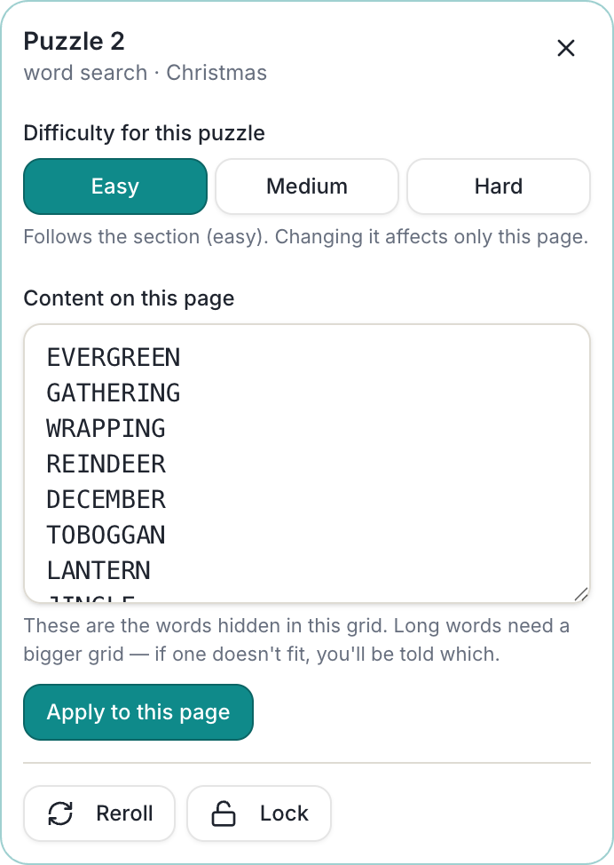 free puzzle book maker per puzzle editor showing difficulty word list reroll and lock controls