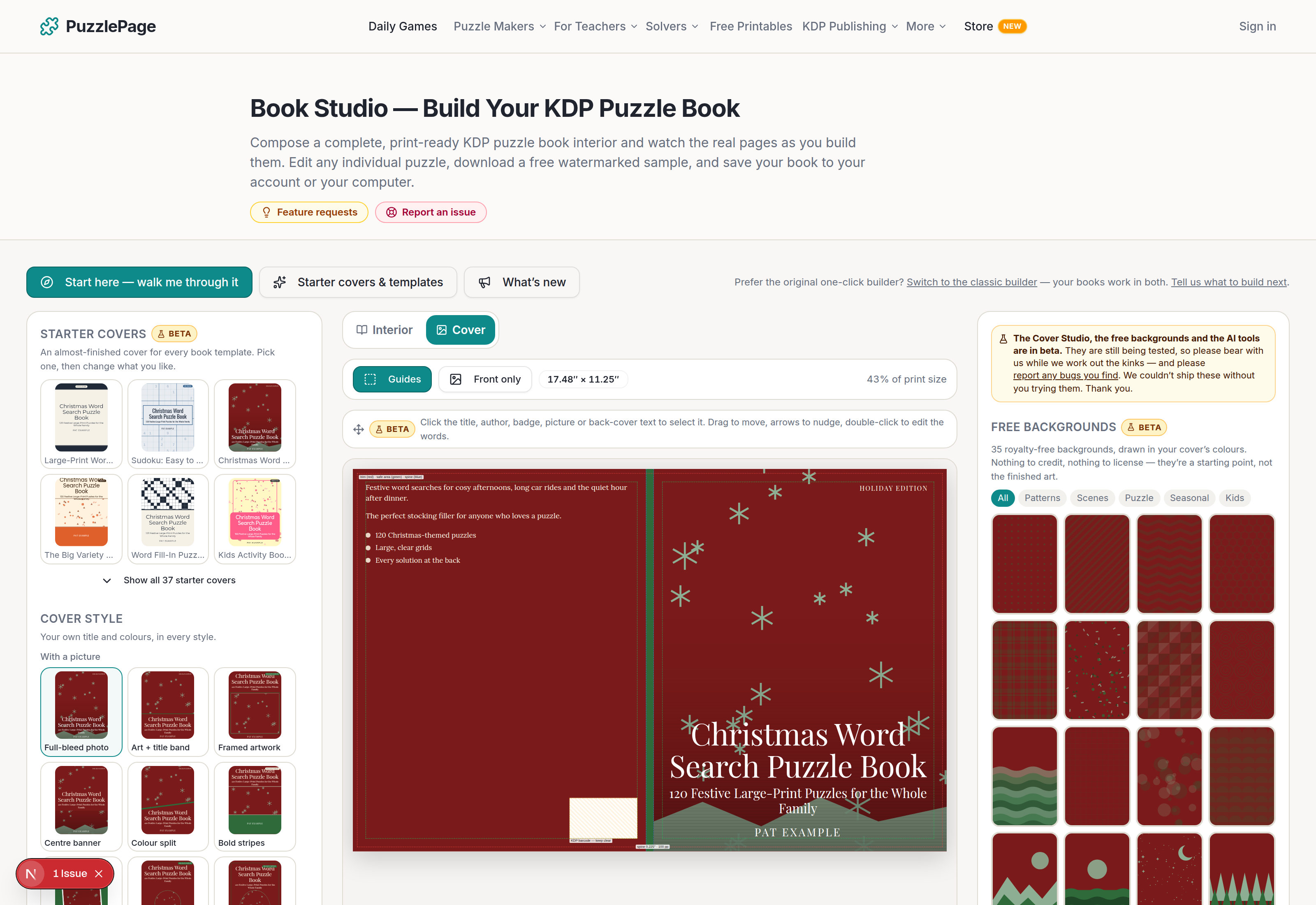 kdp book cover designer in the PuzzlePage Book Studio showing a Christmas word search starter cover with free backgrounds