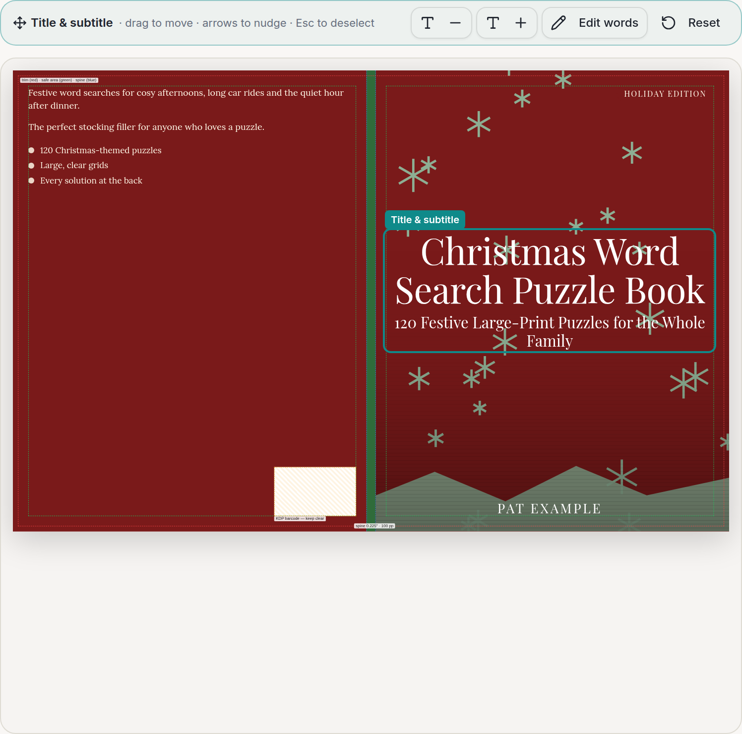 drag and drop kdp book cover editing with the title selected and moved on a full-wrap paperback preview