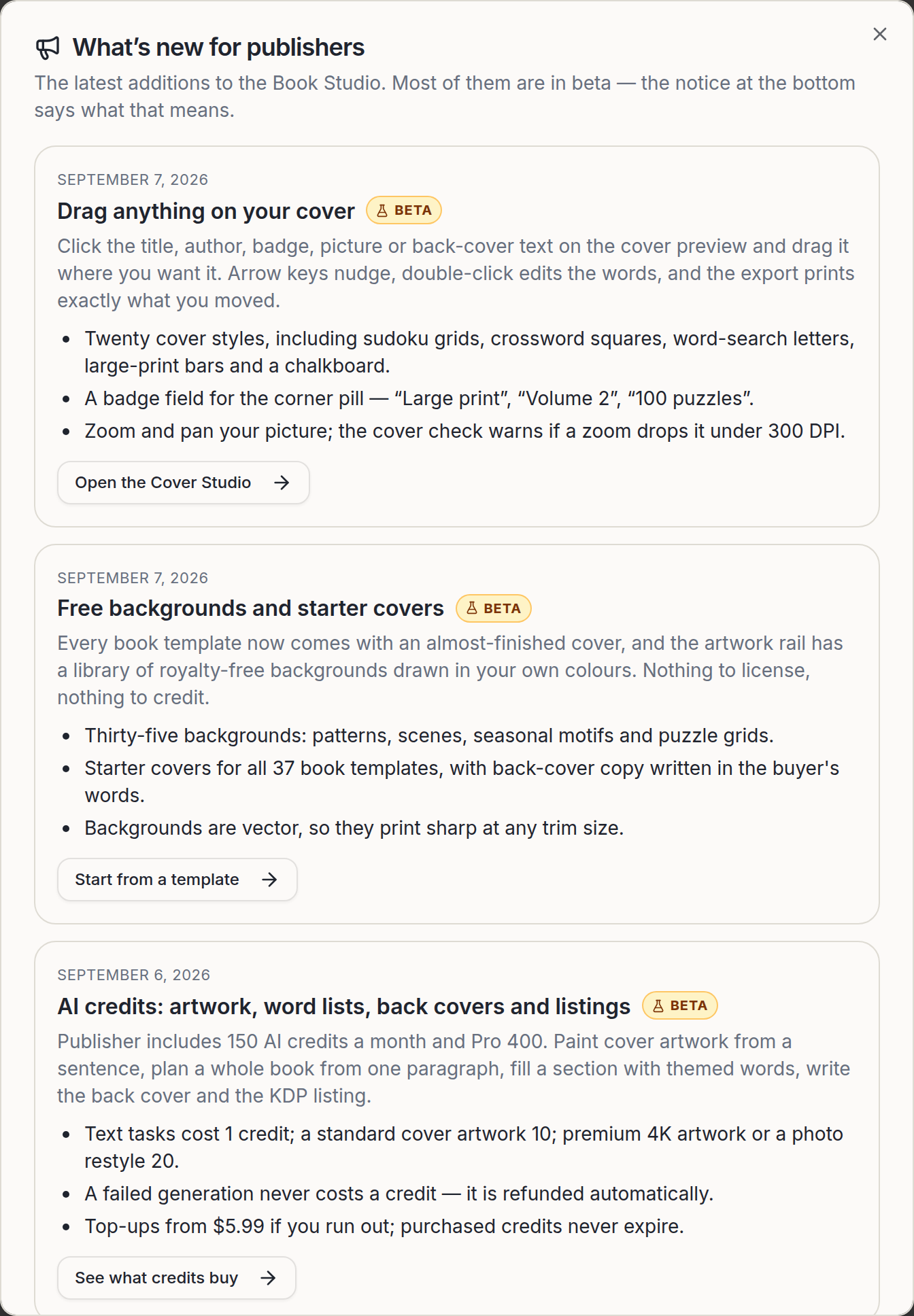 what's new dialog in the kdp book studio listing the cover designer, free backgrounds and AI credits as beta features