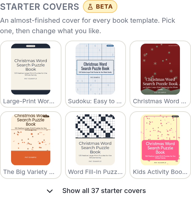 starter covers for kdp puzzle books in the cover designer, one almost-finished cover for each book template