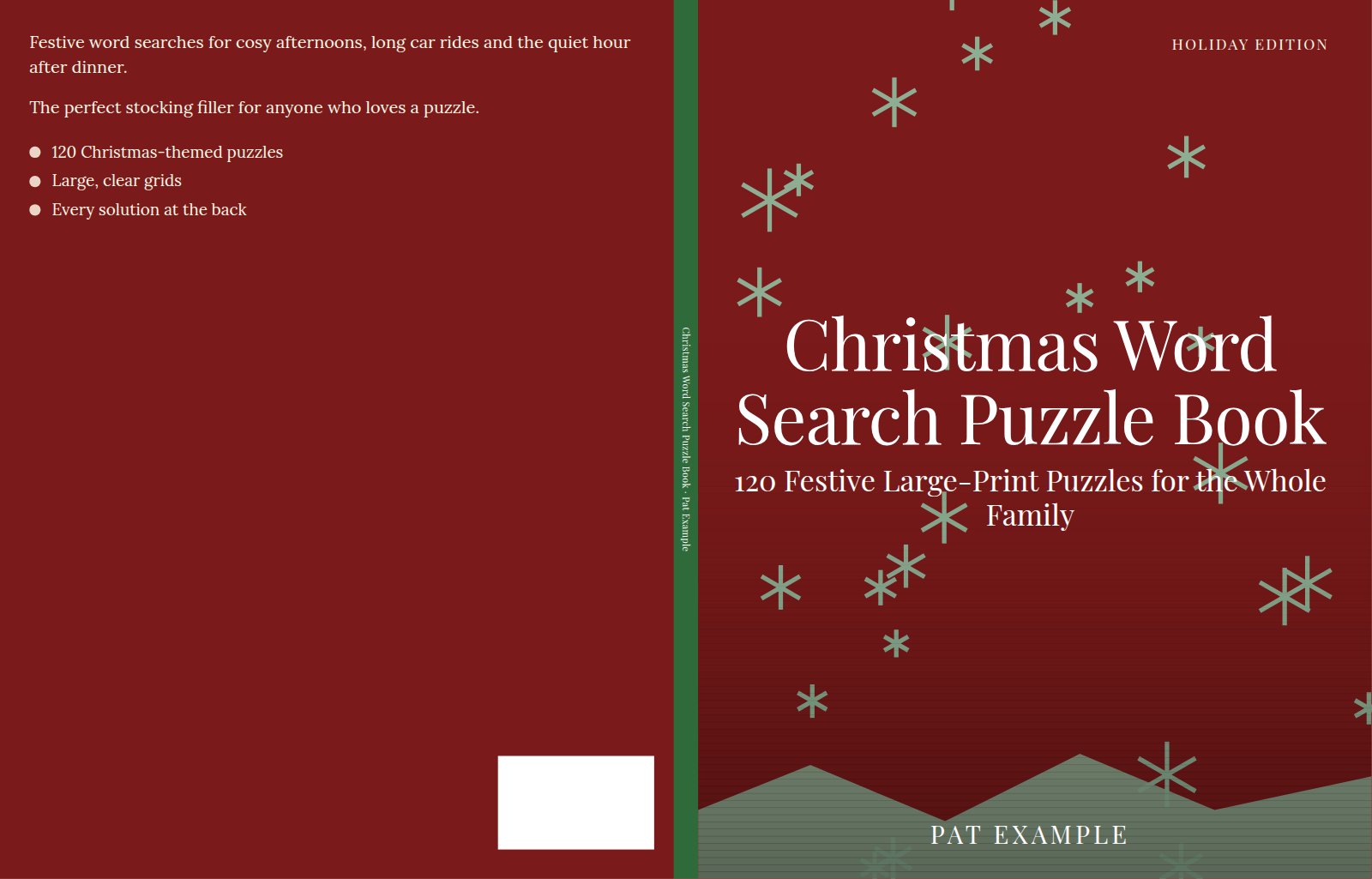 exported full-wrap kdp paperback cover proof from the book cover designer showing back cover, spine and front
