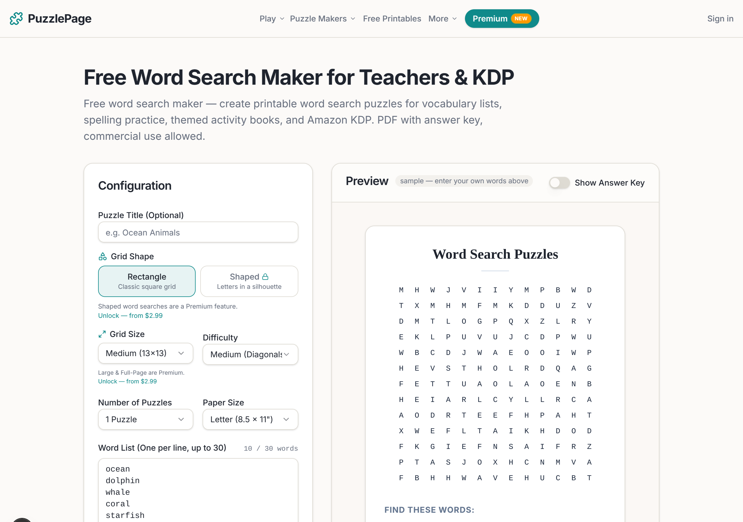how to publish low-content books on KDP using free printable puzzle interiors from the PuzzlePage word search maker
