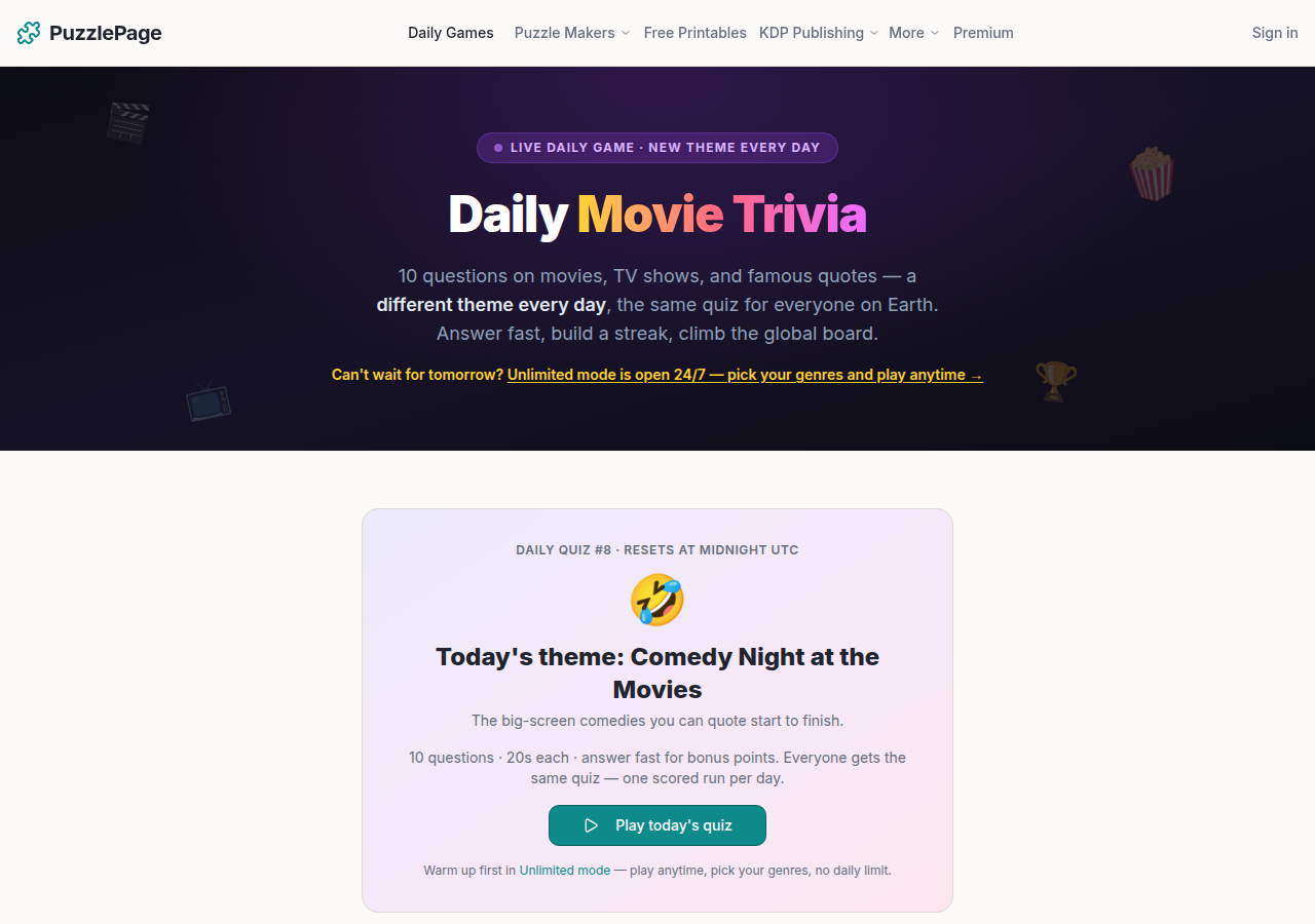 daily movie trivia free quiz game showing today's theme card and play button on PuzzlePage