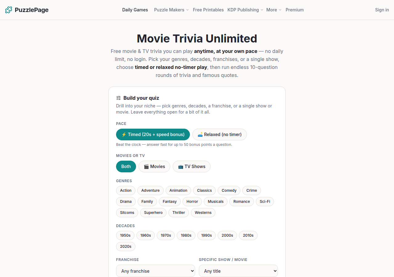 movie trivia unlimited filter panel with genre, decade, franchise and single-show options on PuzzlePage