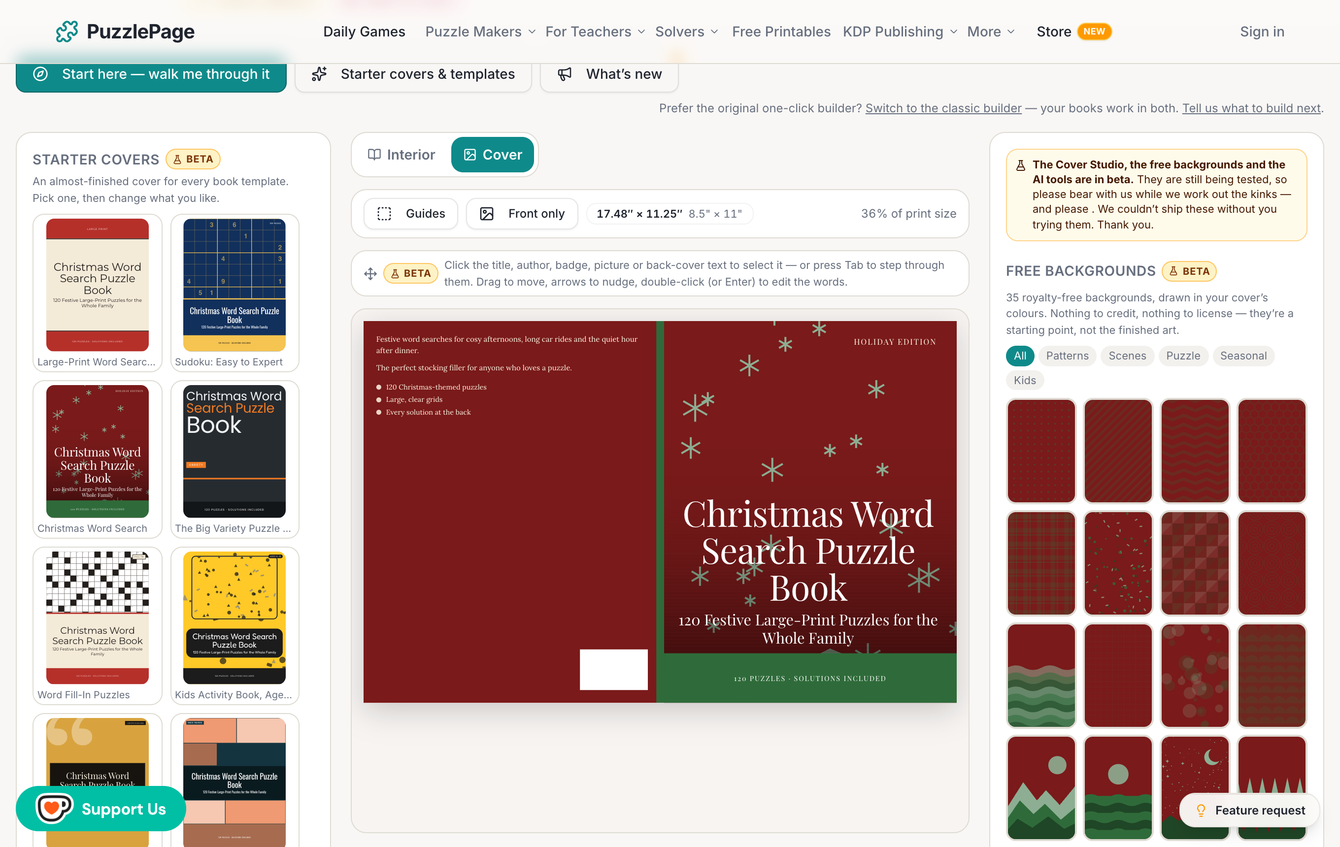 Full-wrap KDP paperback cover with front, spine and back designed in the PuzzlePage Cover Studio