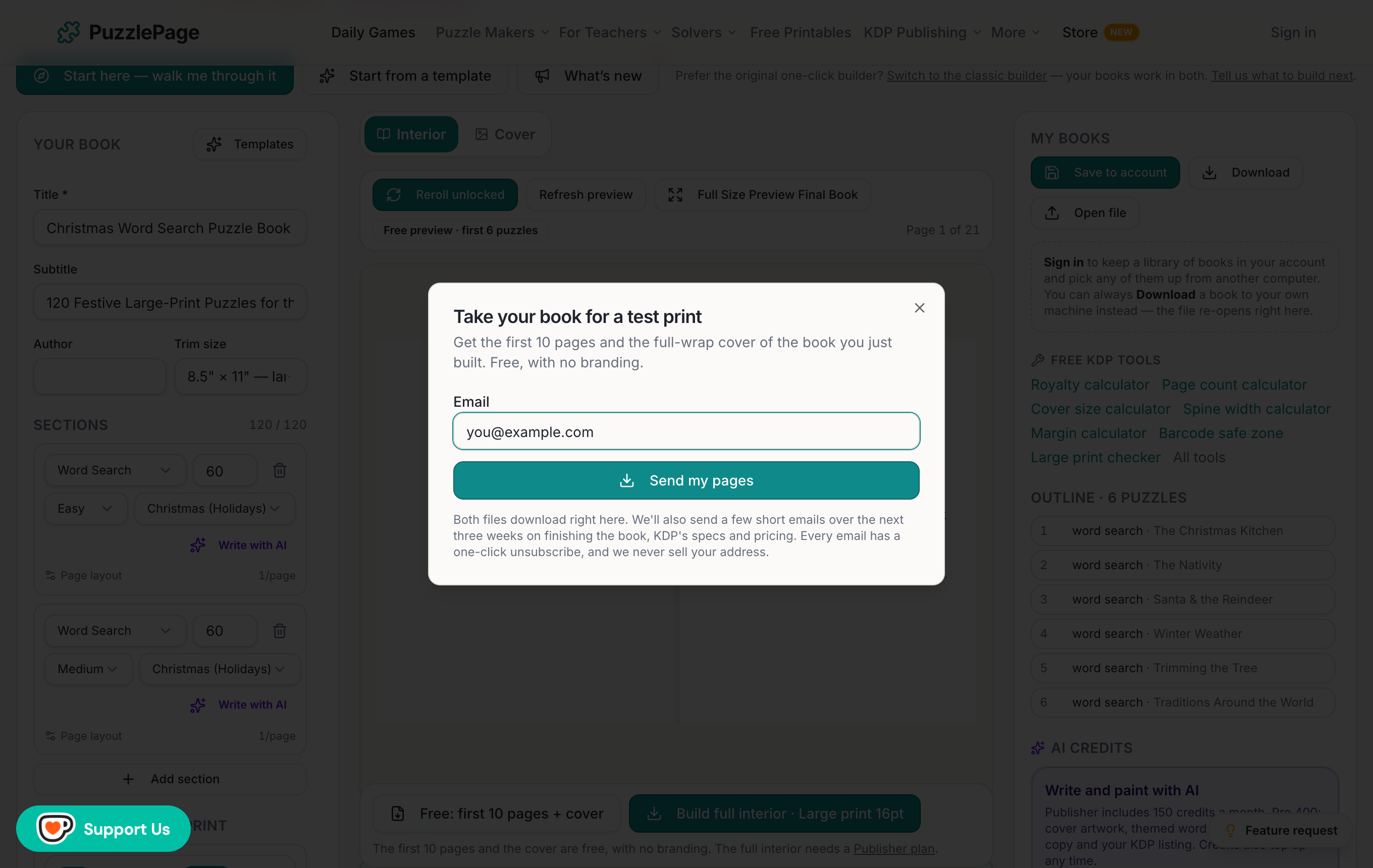 Downloading the first 10 pages and the cover of a KDP puzzle book free from the PuzzlePage Book Studio