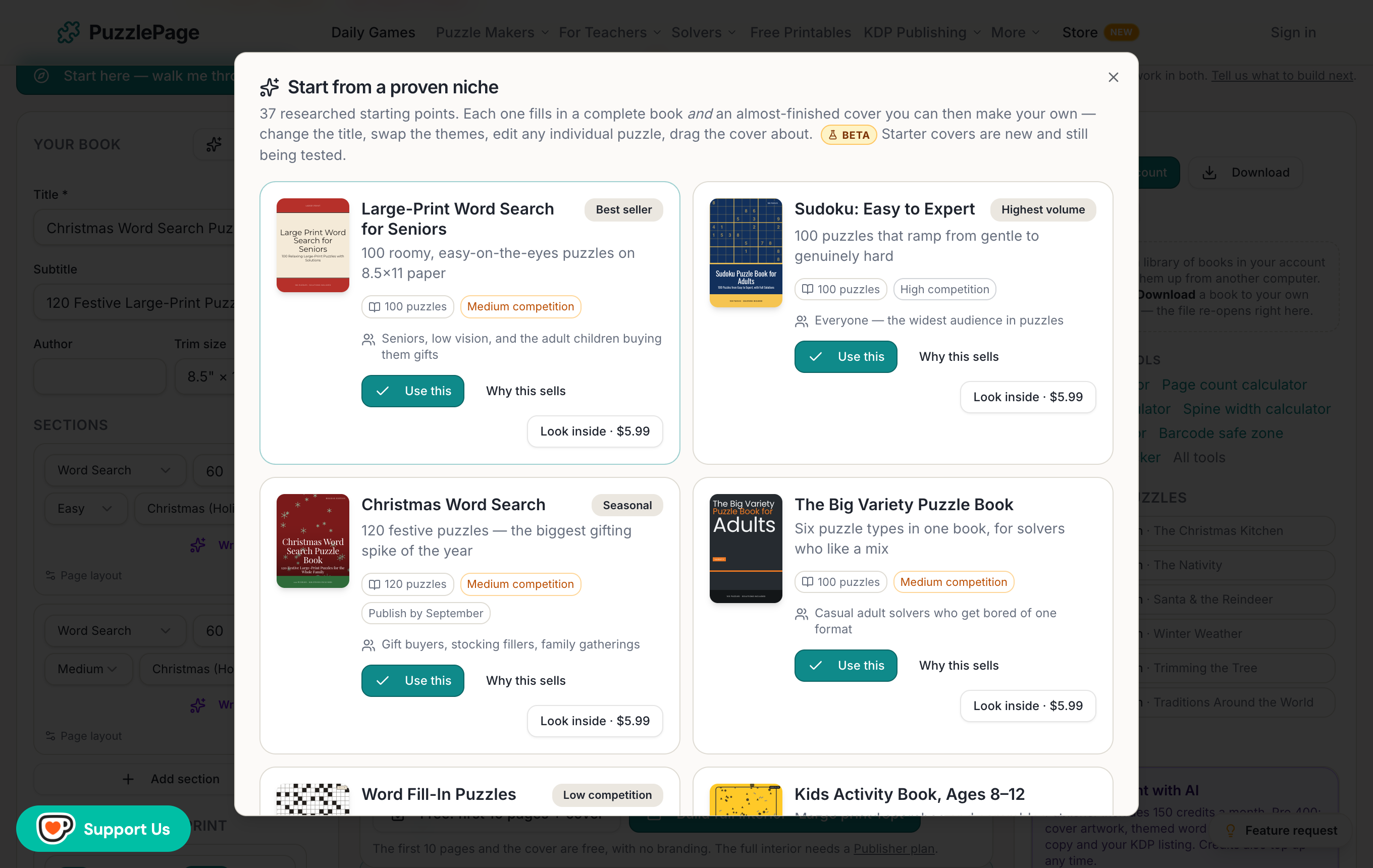 Choosing a large-print word search template in the PuzzlePage KDP Book Studio