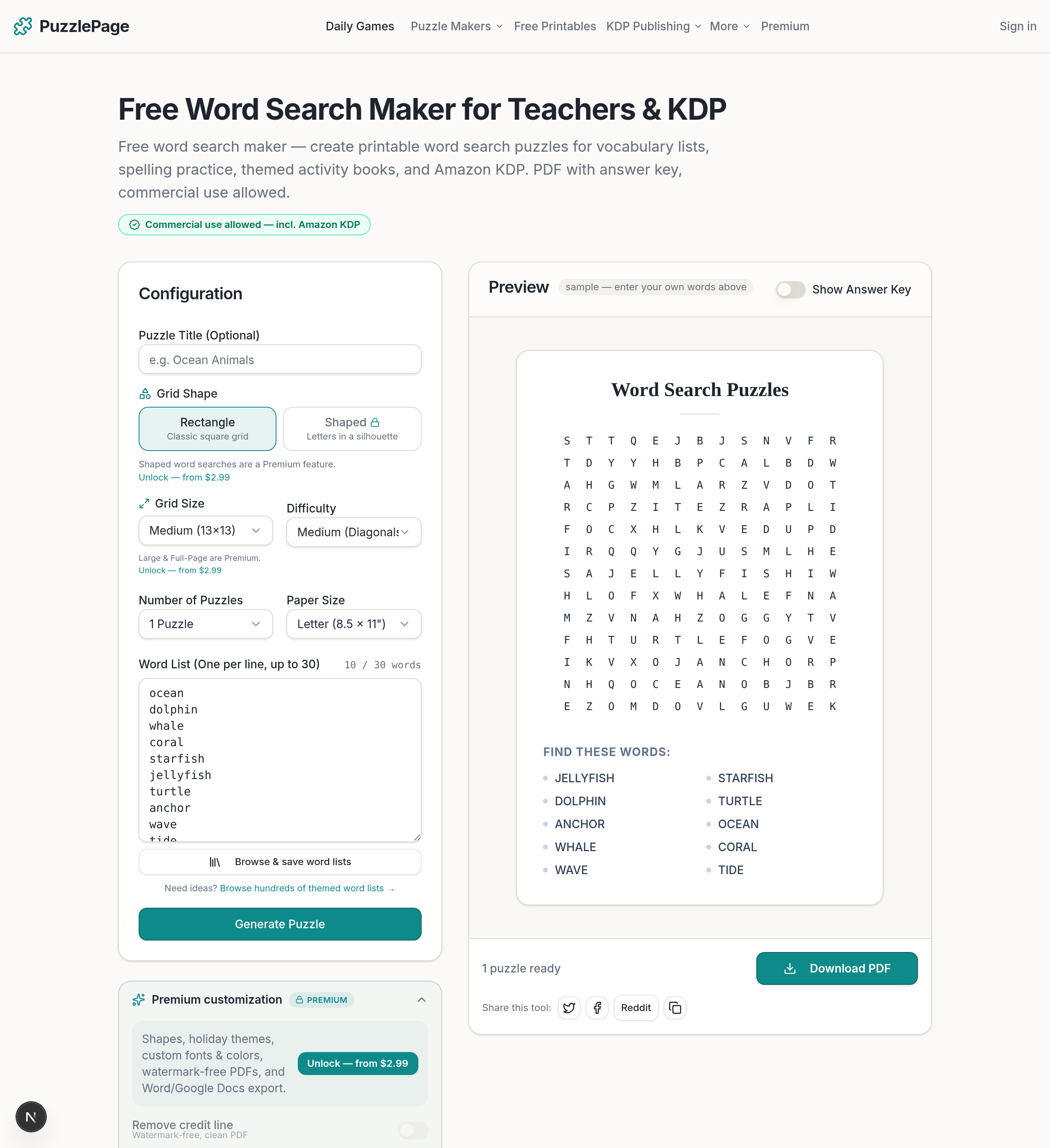share puzzles online: a word search made in the free PuzzlePage word search generator, ready to Save and share