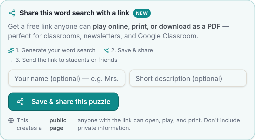share puzzles online: the Save and share callout below a PuzzlePage word search, with play, print, and PDF options