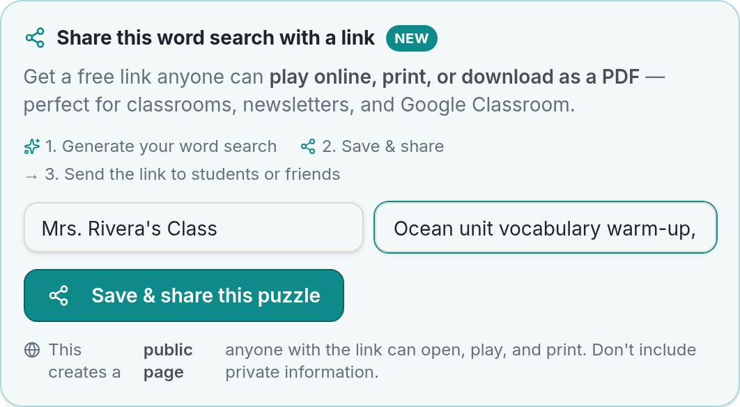 share puzzles online: adding a teacher name and description before creating a shareable PuzzlePage word search link