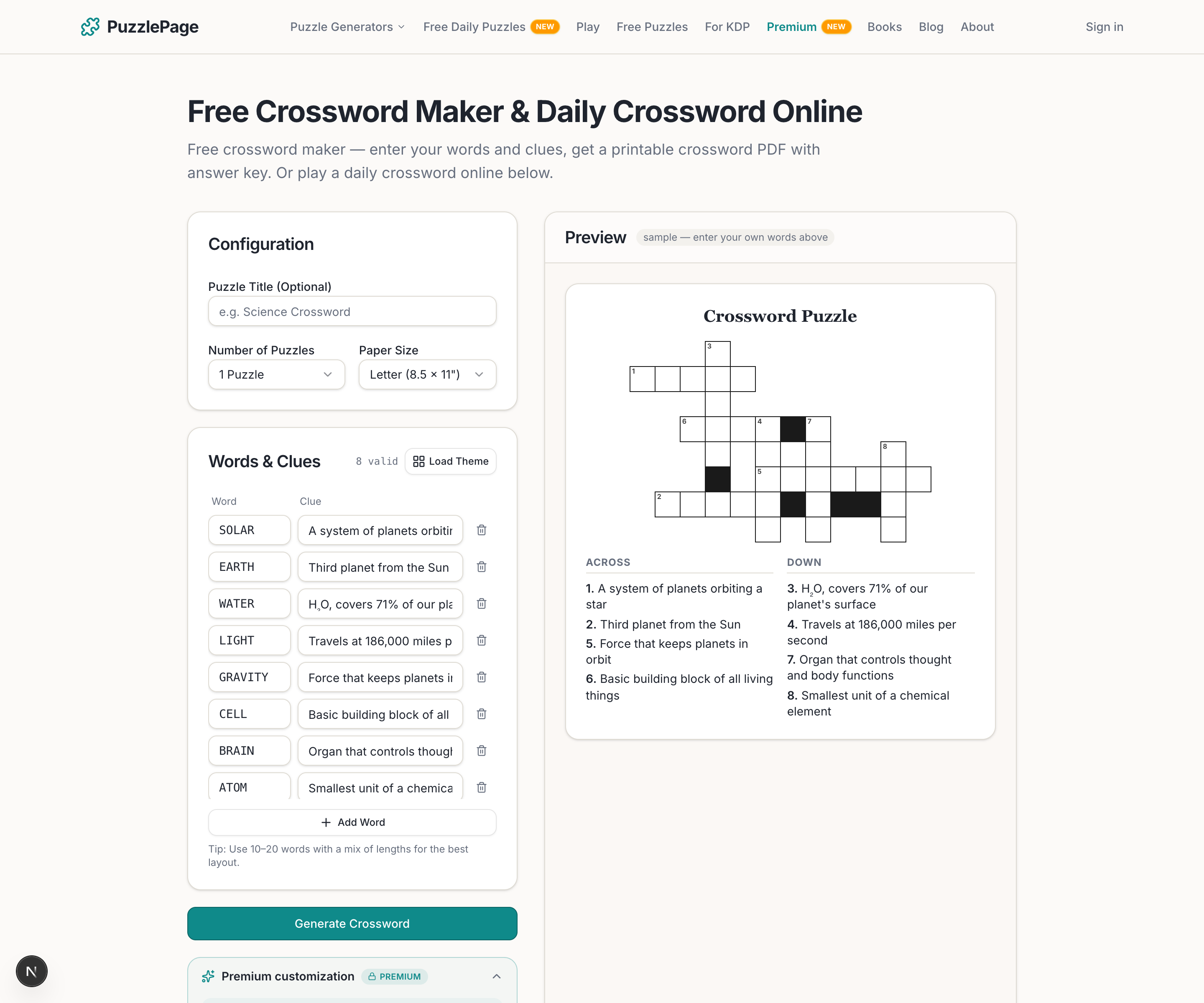 the free PuzzlePage crossword generator tool used to create printable crossword puzzles