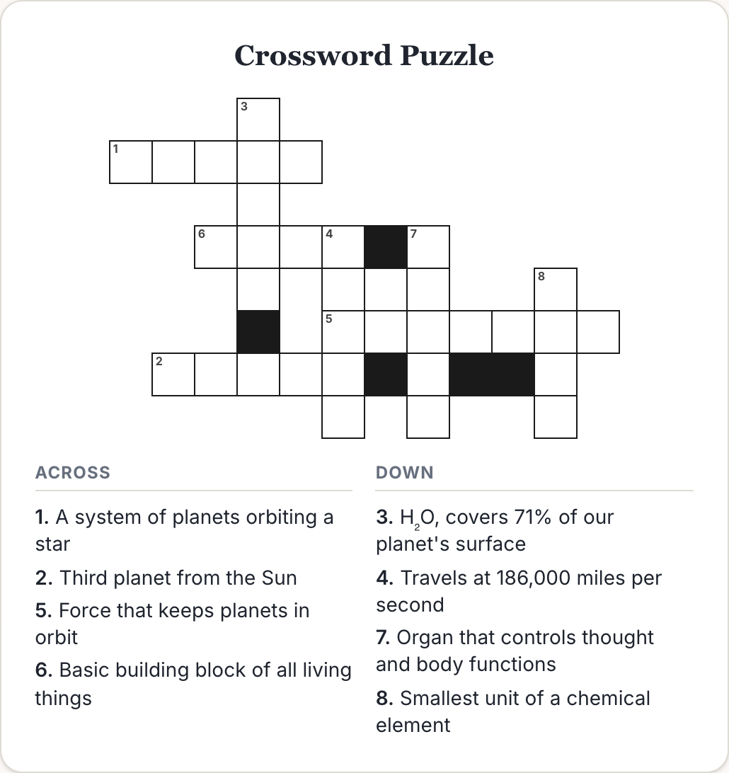 how to solve a crossword puzzle: a science and space themed grid showing numbered cells and the full Across and Down clue lists