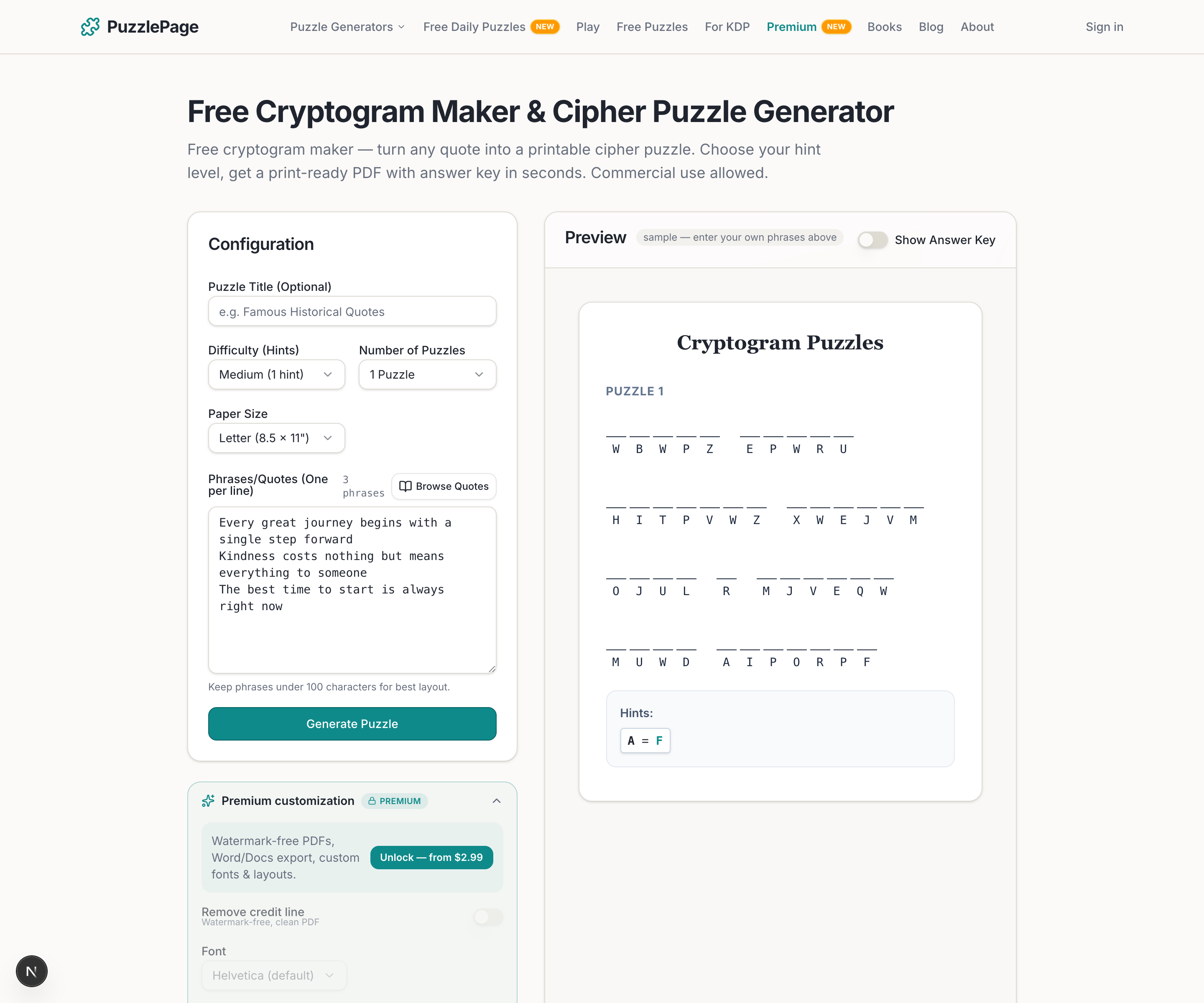 how to solve a cryptogram using the free PuzzlePage cryptogram generator tool