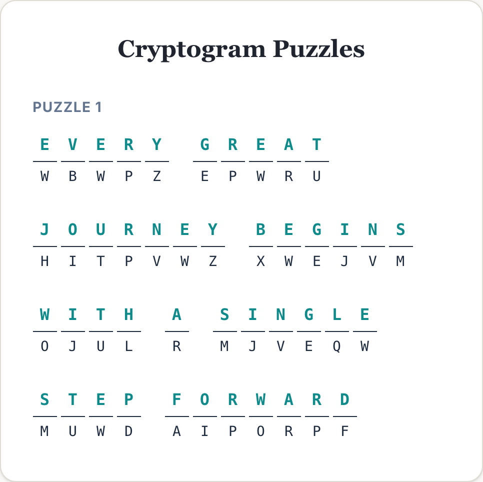 the decoded cryptogram solution showing the full plain-text quote revealed from the cipher puzzle