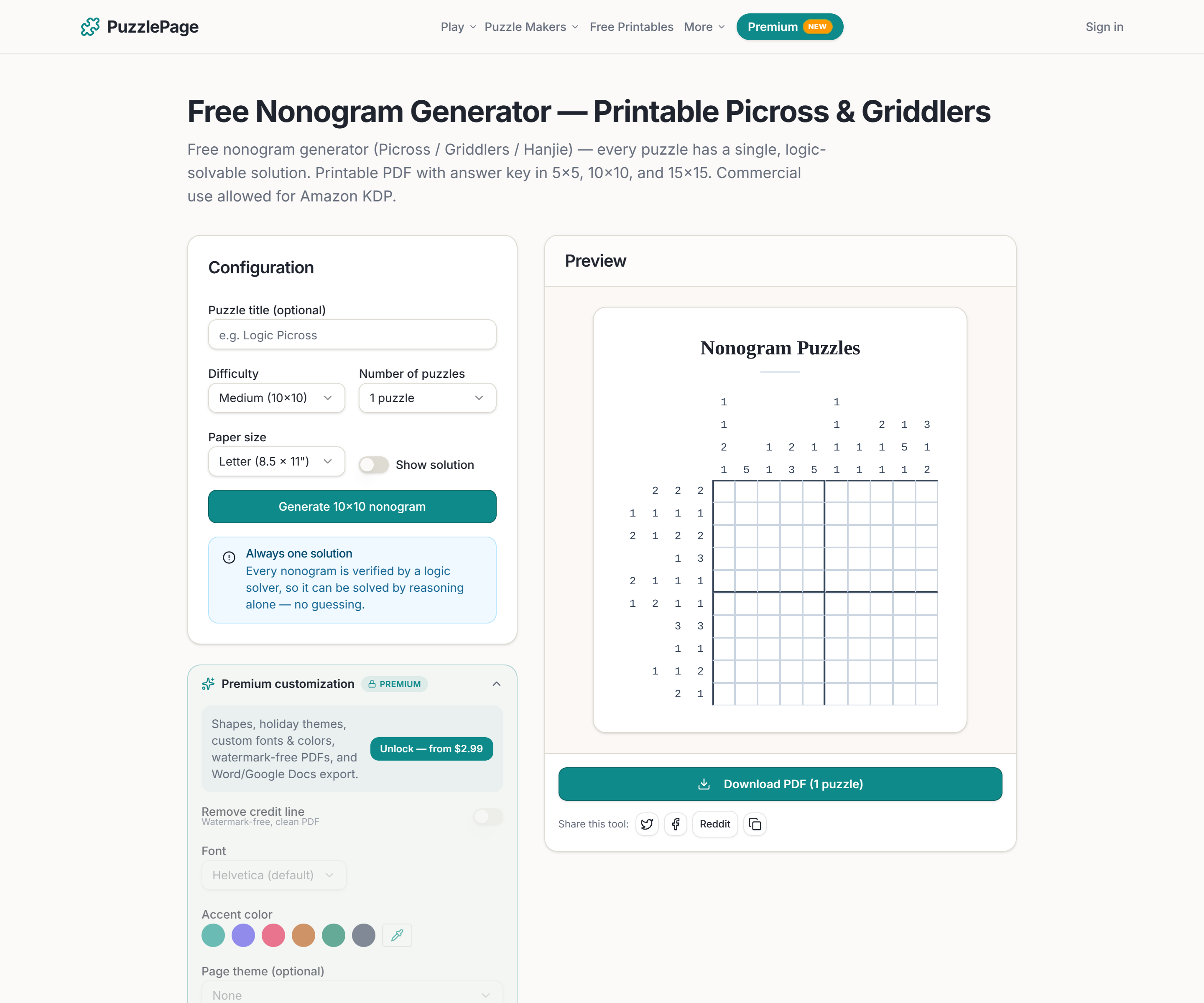 nonogram generator tool on PuzzlePage with difficulty options for 5x5, 10x10, and 15x15 Picross puzzles