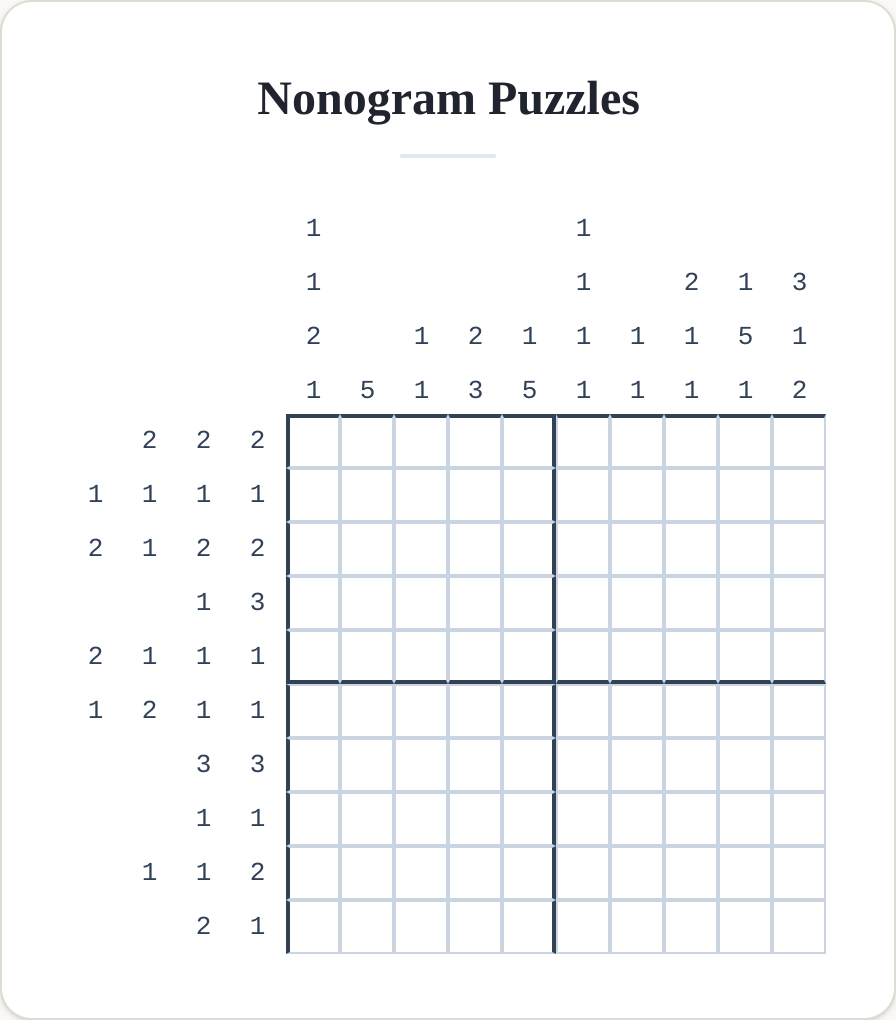 printable nonogram Picross puzzle with row and column number clues and a blank 10x10 solving grid