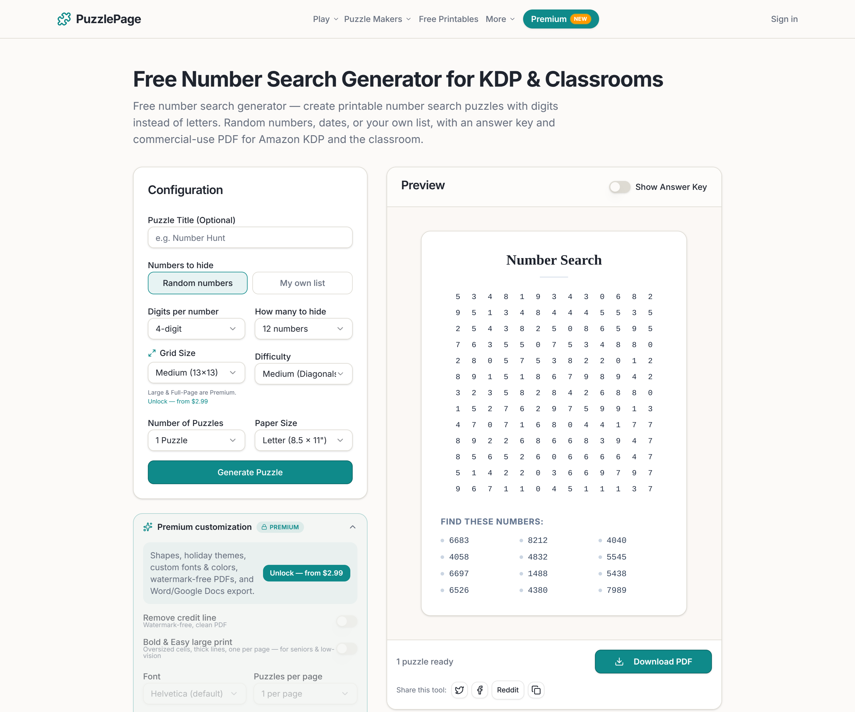 number search generator tool on PuzzlePage with options for random numbers or a custom list