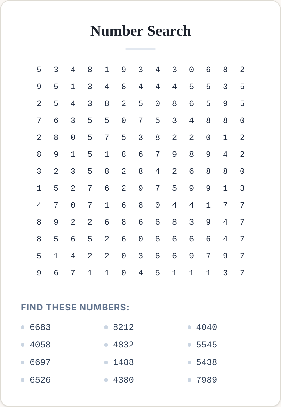 printable number search puzzle grid of digits with a Find These Numbers list for kids and classrooms