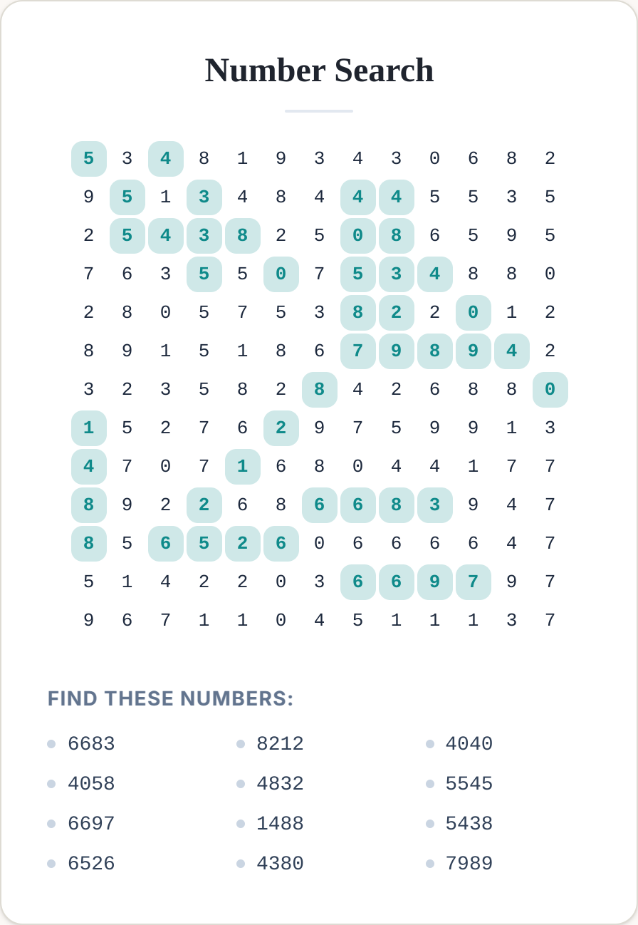 number search answer key with every hidden number highlighted in teal on the digit grid