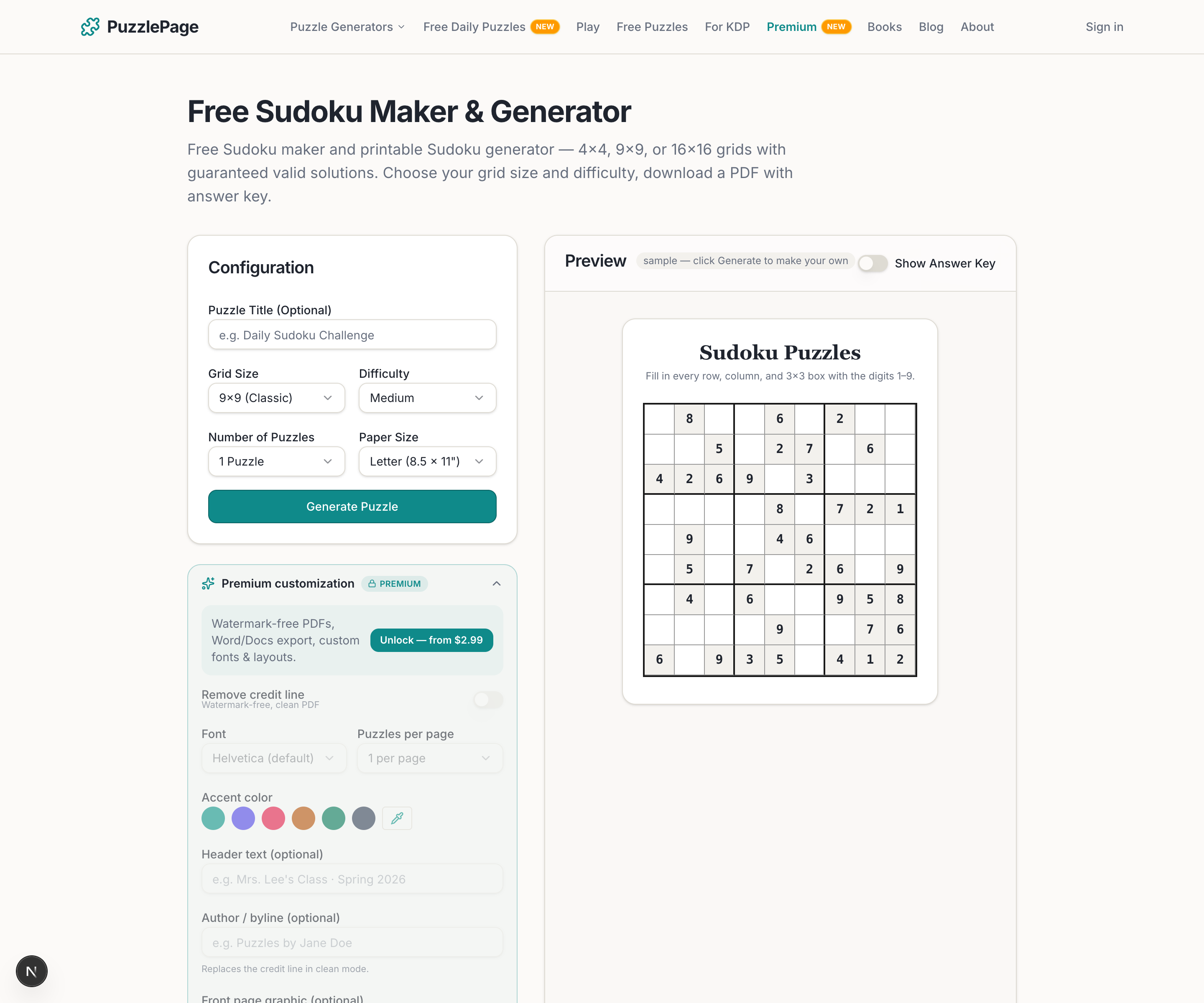 how to solve sudoku using the free PuzzlePage 9x9 puzzle generator and answer key