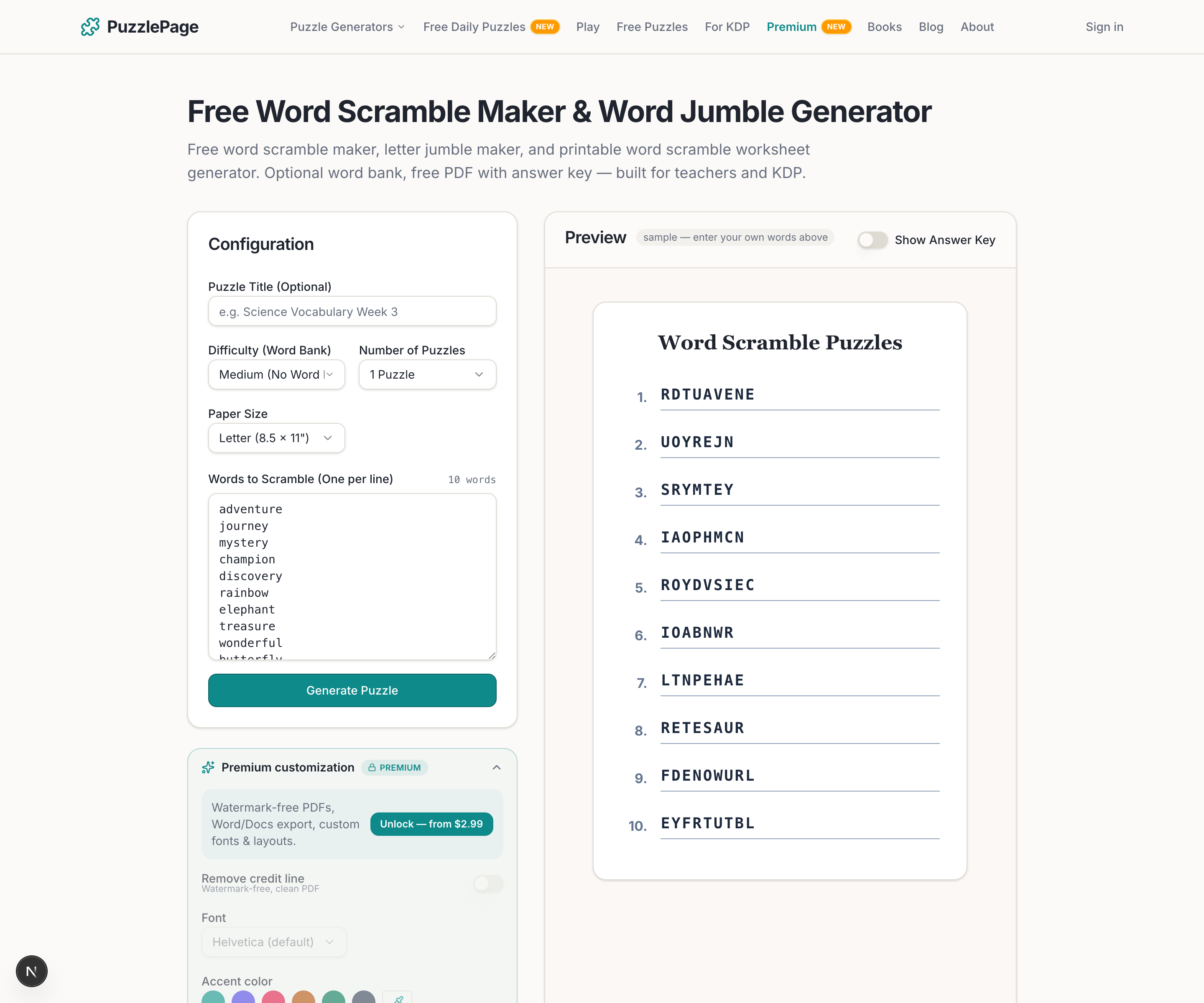 how to solve a word scramble using the free PuzzlePage word scramble generator tool