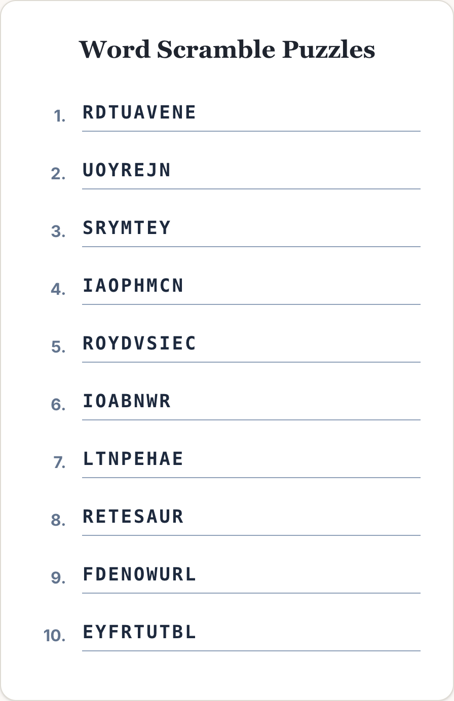 a numbered list of 10 scrambled words from a PuzzlePage word scramble puzzle with blank answer lines
