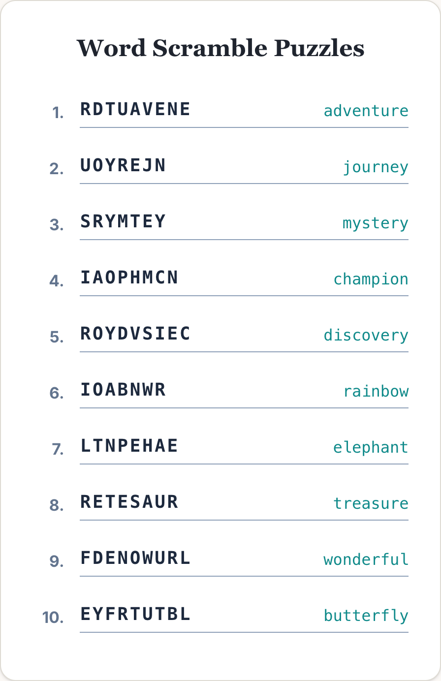 the same numbered word scramble list now showing all ten answers fully unscrambled