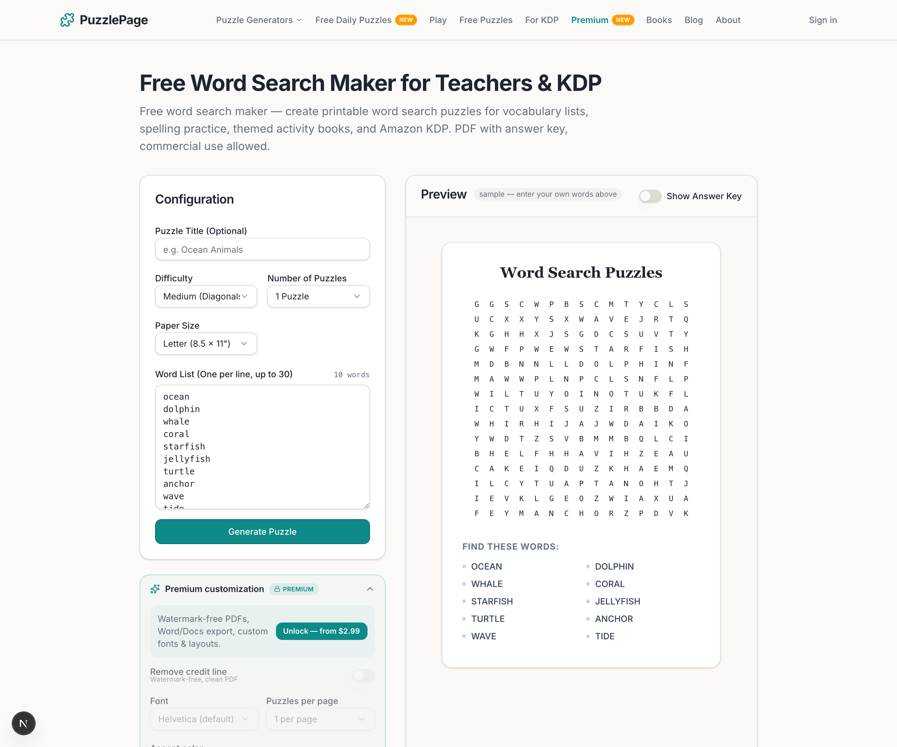 how to solve a word search using the free PuzzlePage word search generator tool